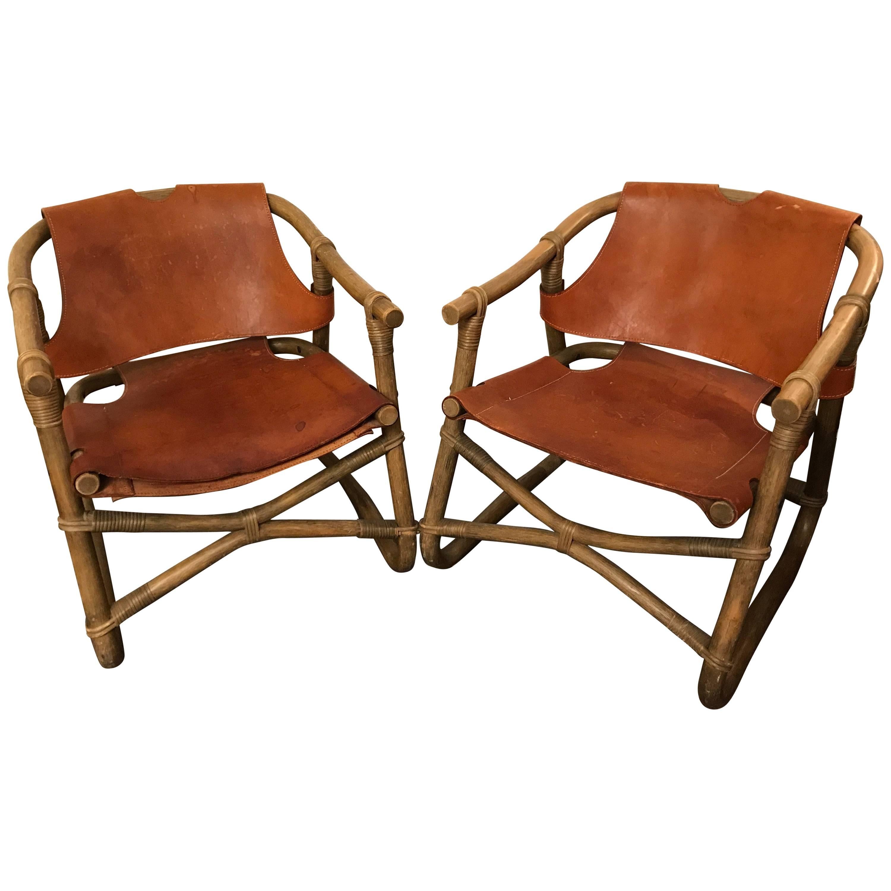 Pair of 1970 Swedish Rattan and Leather Armchairs For Sale