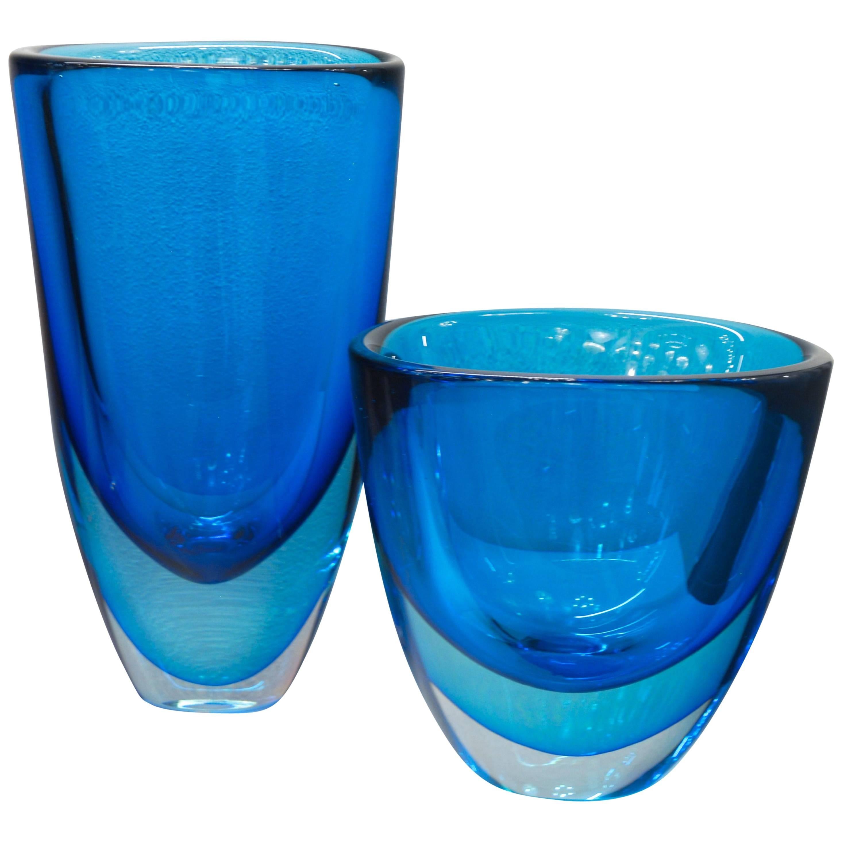 Stefano Toso Pair of Sommerso Acquamare and Cobalt Vases, Massiccio with Sbruffi