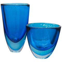 Stefano Toso Pair of Sommerso Acquamare and Cobalt Vases, Massiccio with Sbruffi