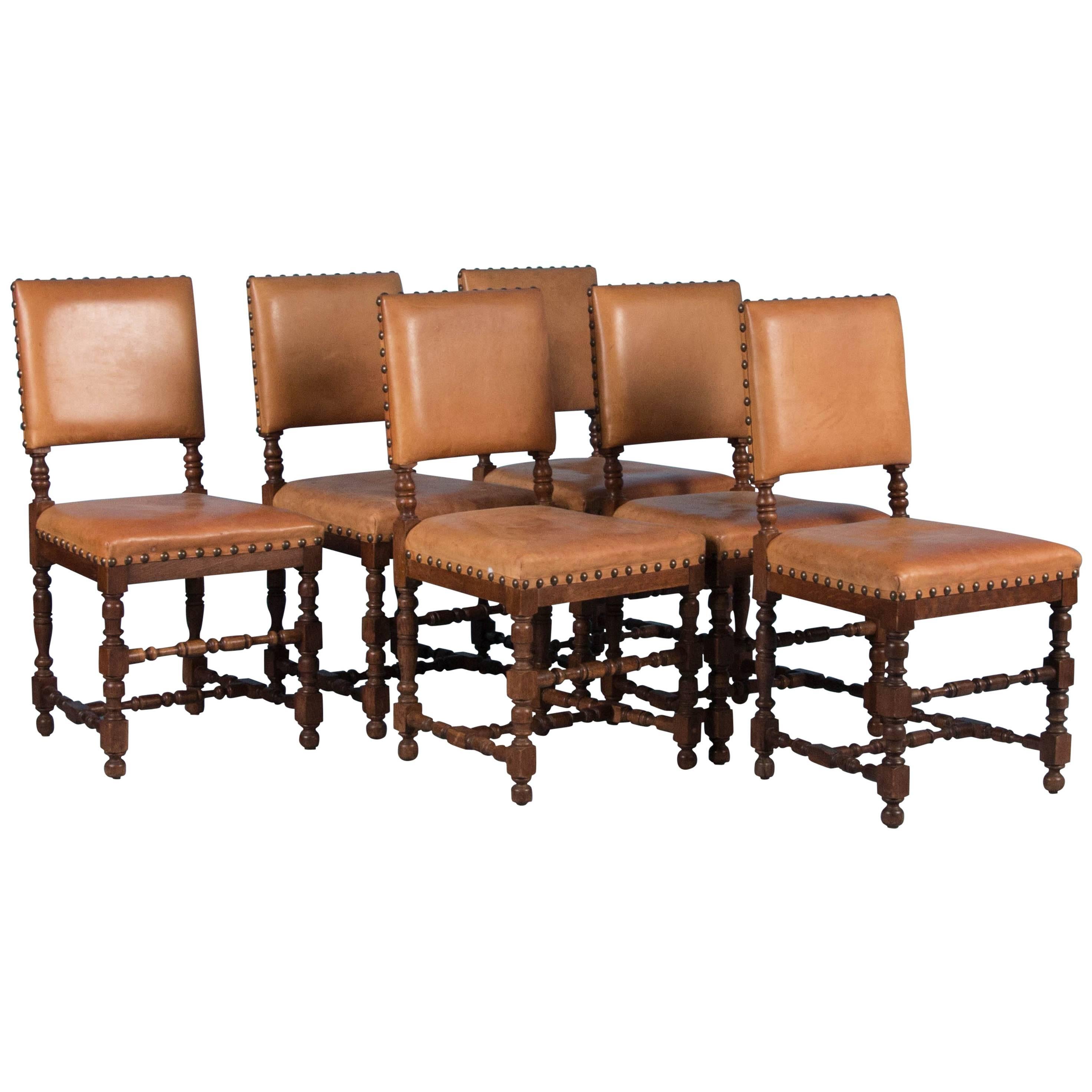 Set of Six Vintage Leather and Oak Dining Chairs