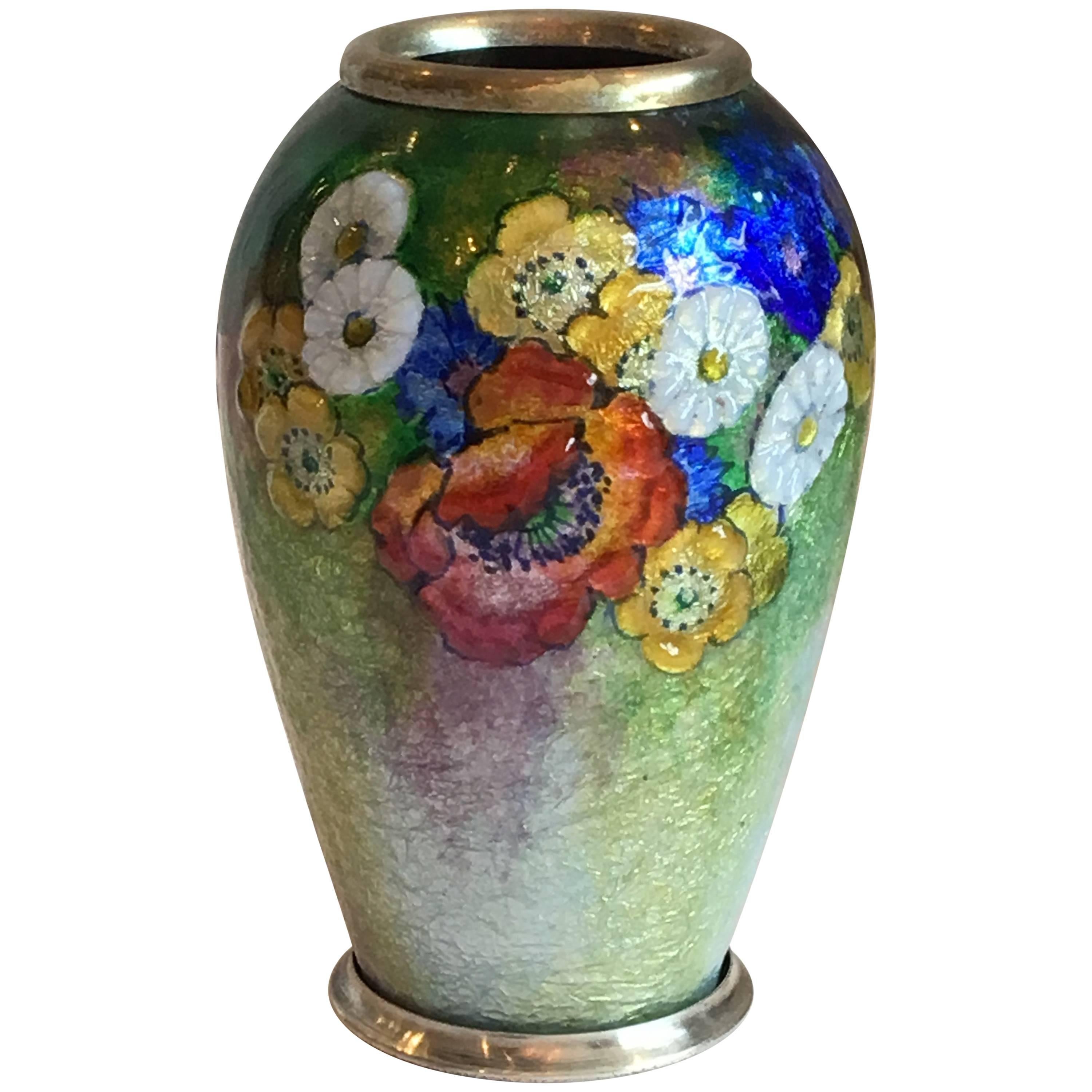 Camille Fauré Enameled Copper Vase with Floral Decoration, circa 1945 For Sale