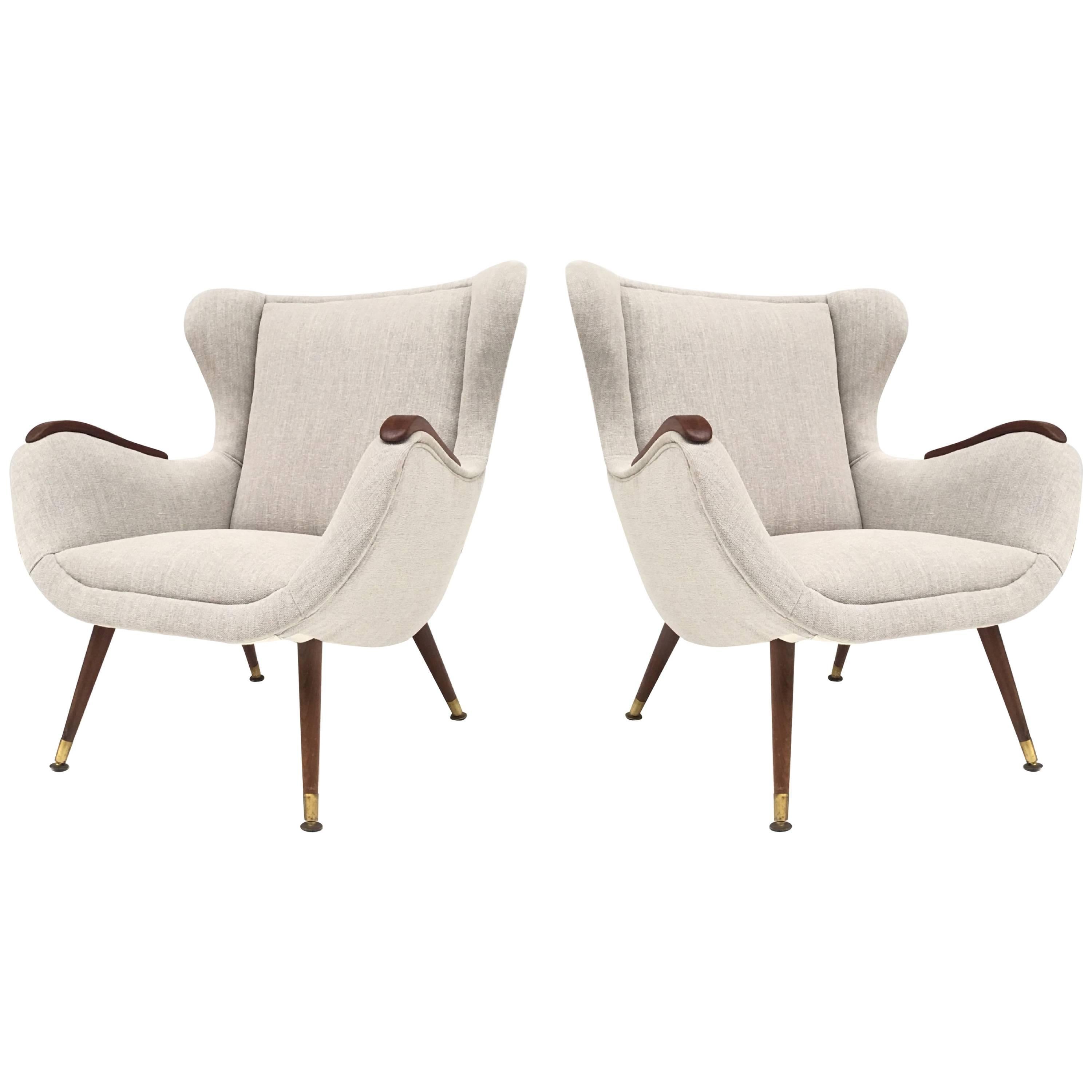 Pair of Danish Teak and Brass Organic, 1950s Wingback Easy Chairs Restored