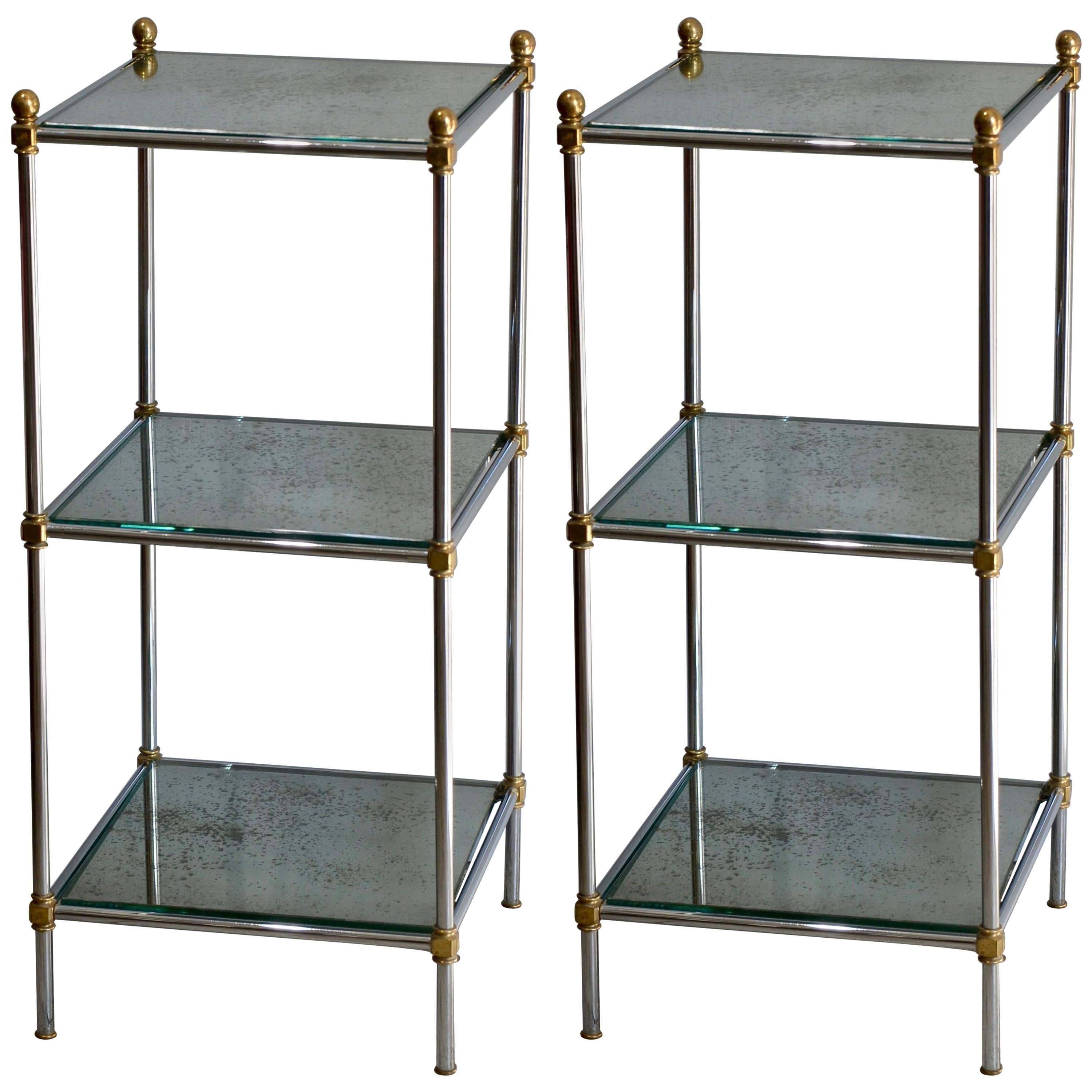Pair of Chic French 1960s Three-Tiered Mirrored Side Tables