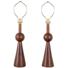 Pair of Vintage Midcentury Geometric Walnut Table Lamps