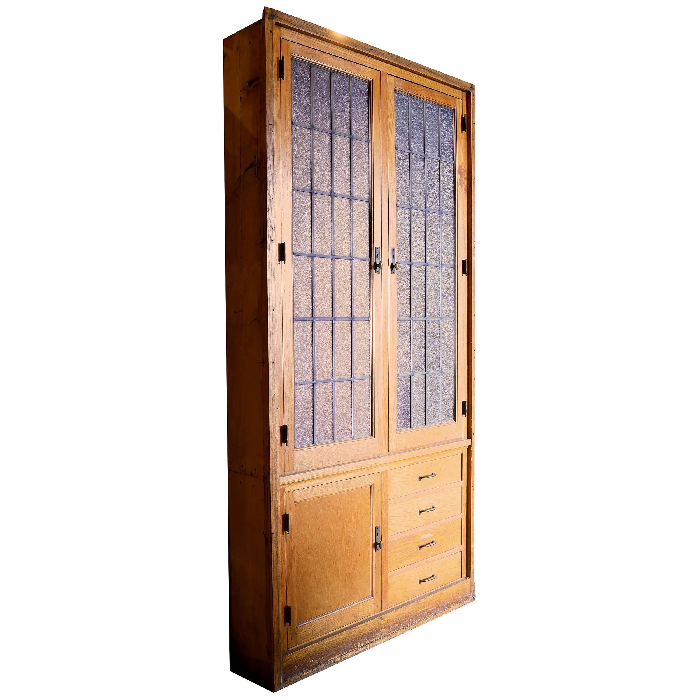 Oak Schoolhouse Cabinet with Leaded Glass Doors