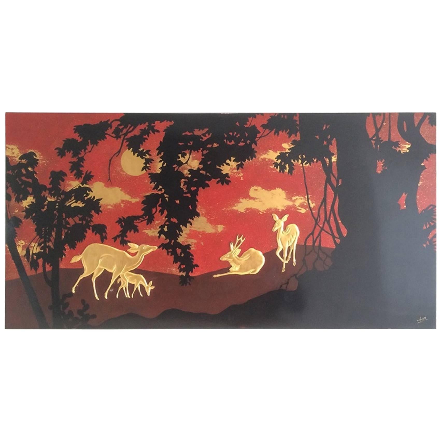 Lacquered Panel with Deer Decor For Sale