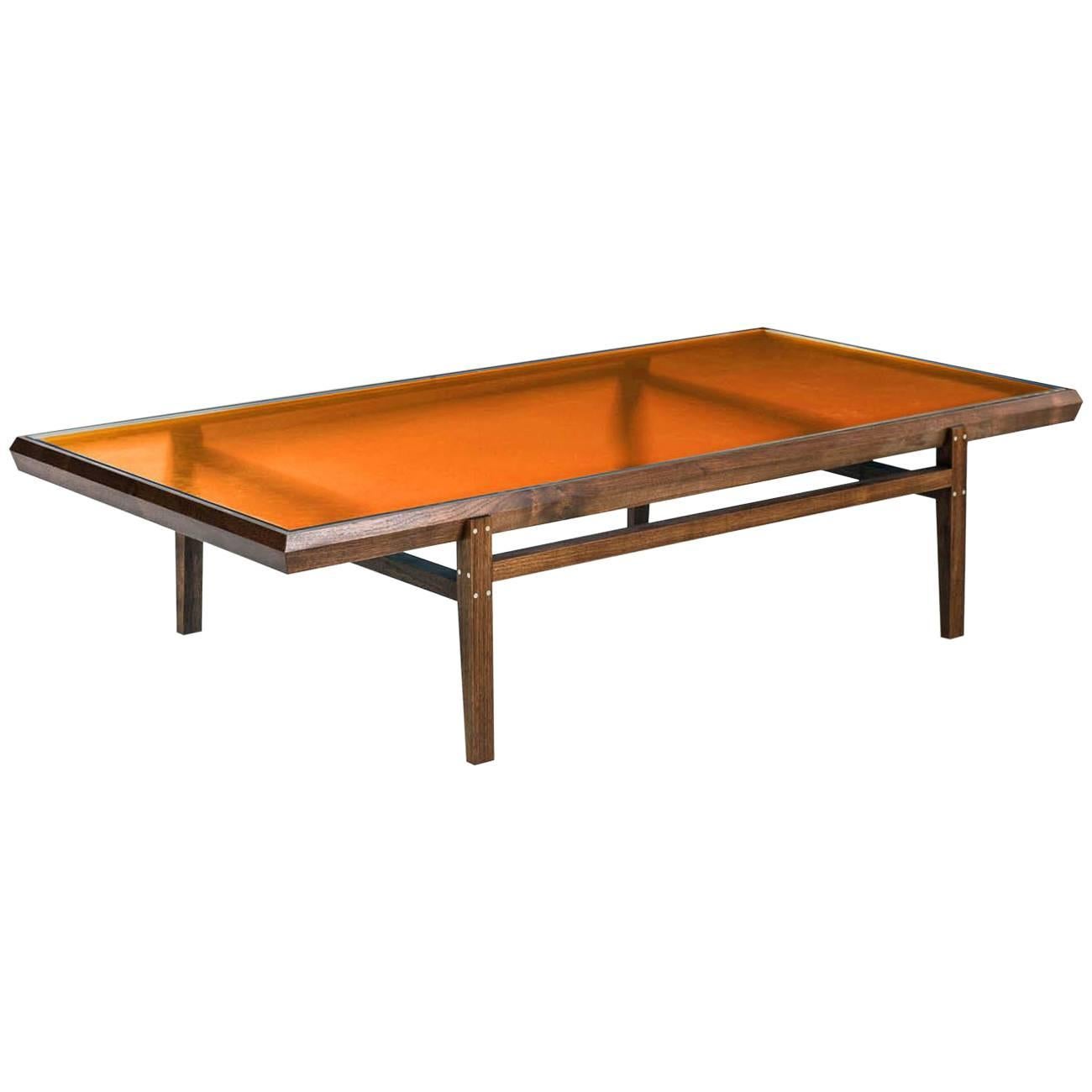 Pintor Coffee Table, Walnut Frame with Stainless Steel Inlay, Orange Glass Top For Sale