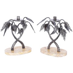 Mid-Century Pair of Silvered Metal Palm Tree Candleholders