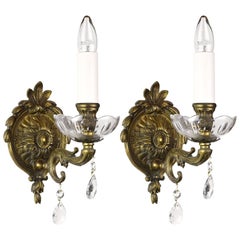 Antique Brass Single Candle Sconce with Hanging Crystals, Two Available