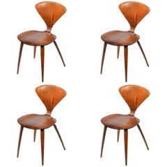 Set of Four Early Norman Cherner Dining Chairs in Walnut for Plycraft 