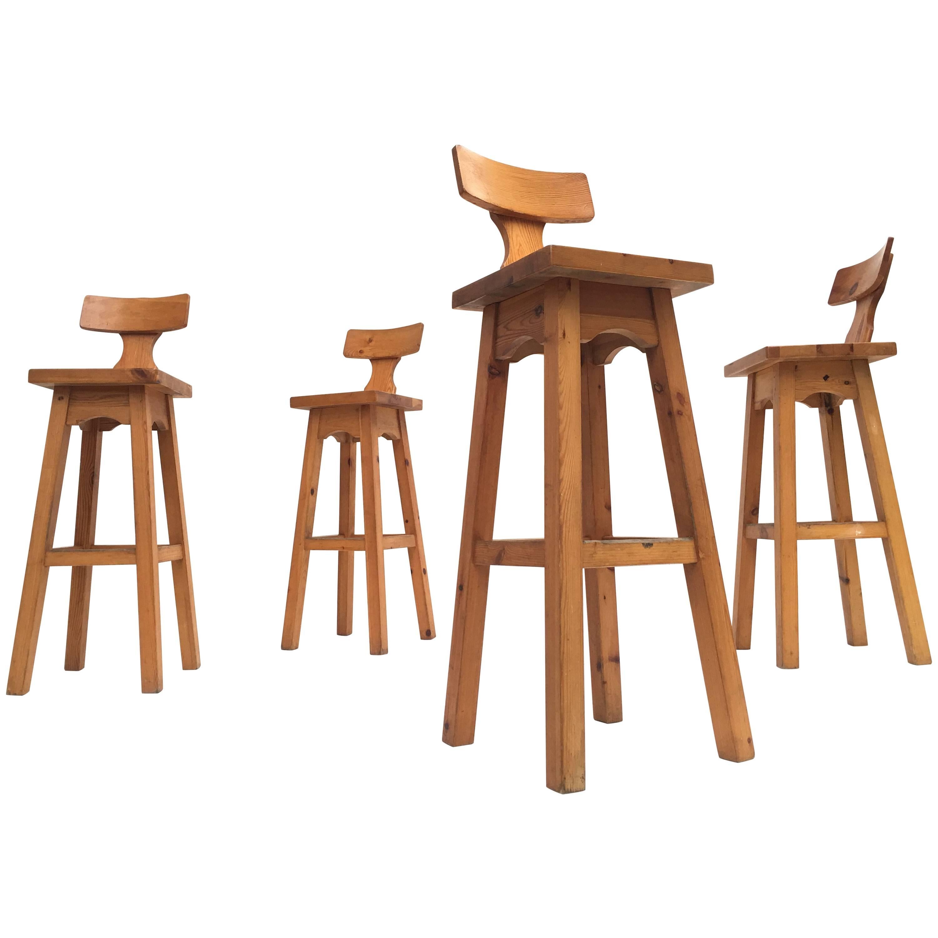Set of Four Scandinavian Solid Pine Wood Barstools, Style of Rainer Daumiller