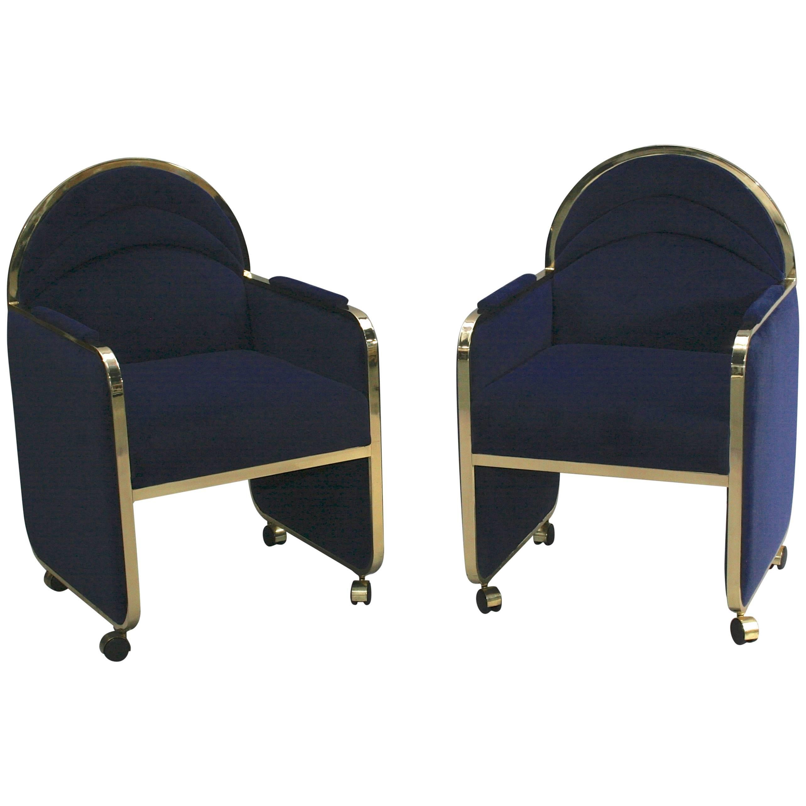 Pair of Design Institute America Baughman Style Brass & Blue Velvet Club Chairs