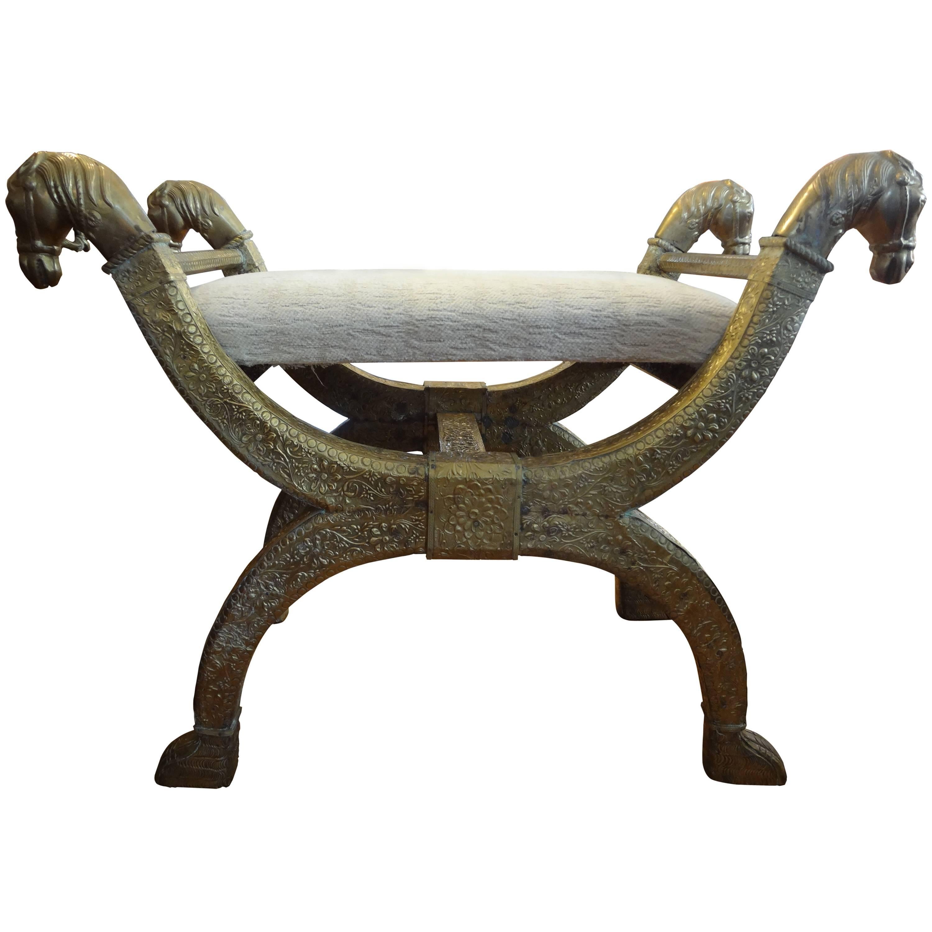 Anglo-Indian Brass Clad Bench with Horse Head Detail
