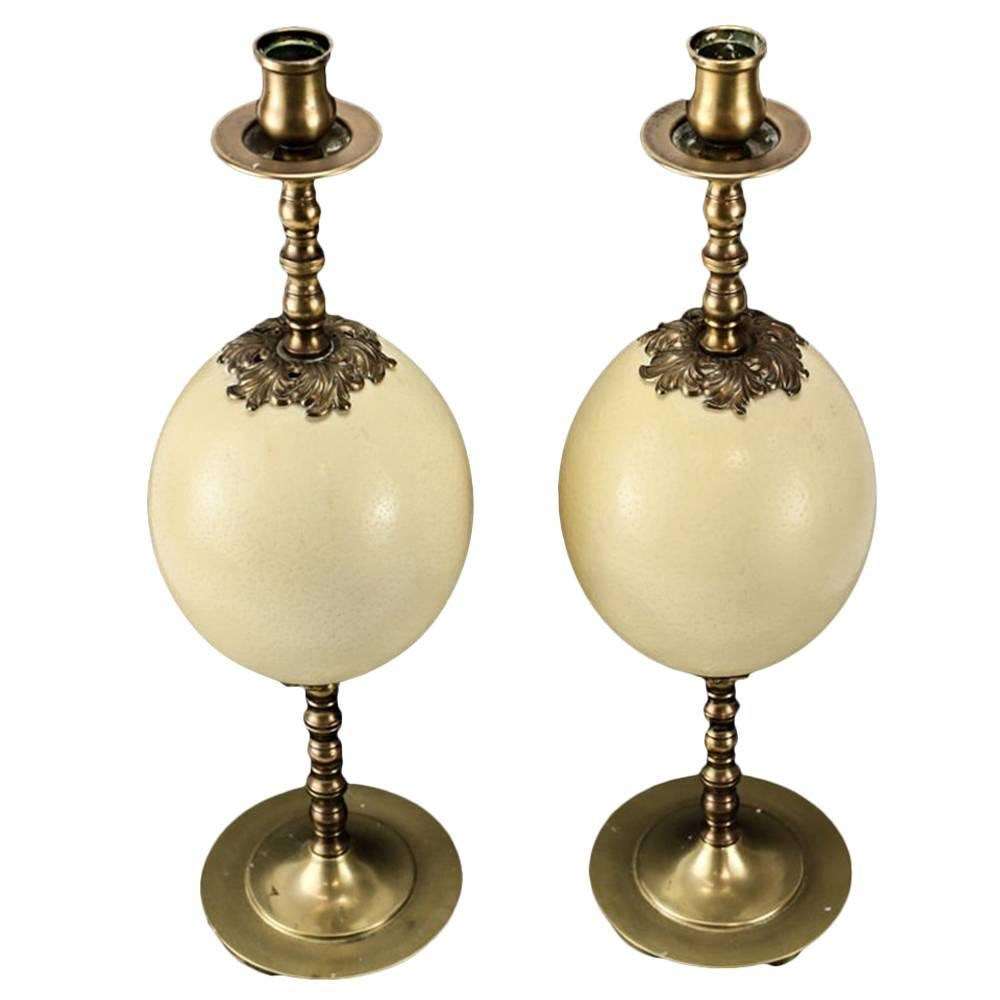Pair of Midcentury American Gilt Brass and Ostrich Egg Candelabra