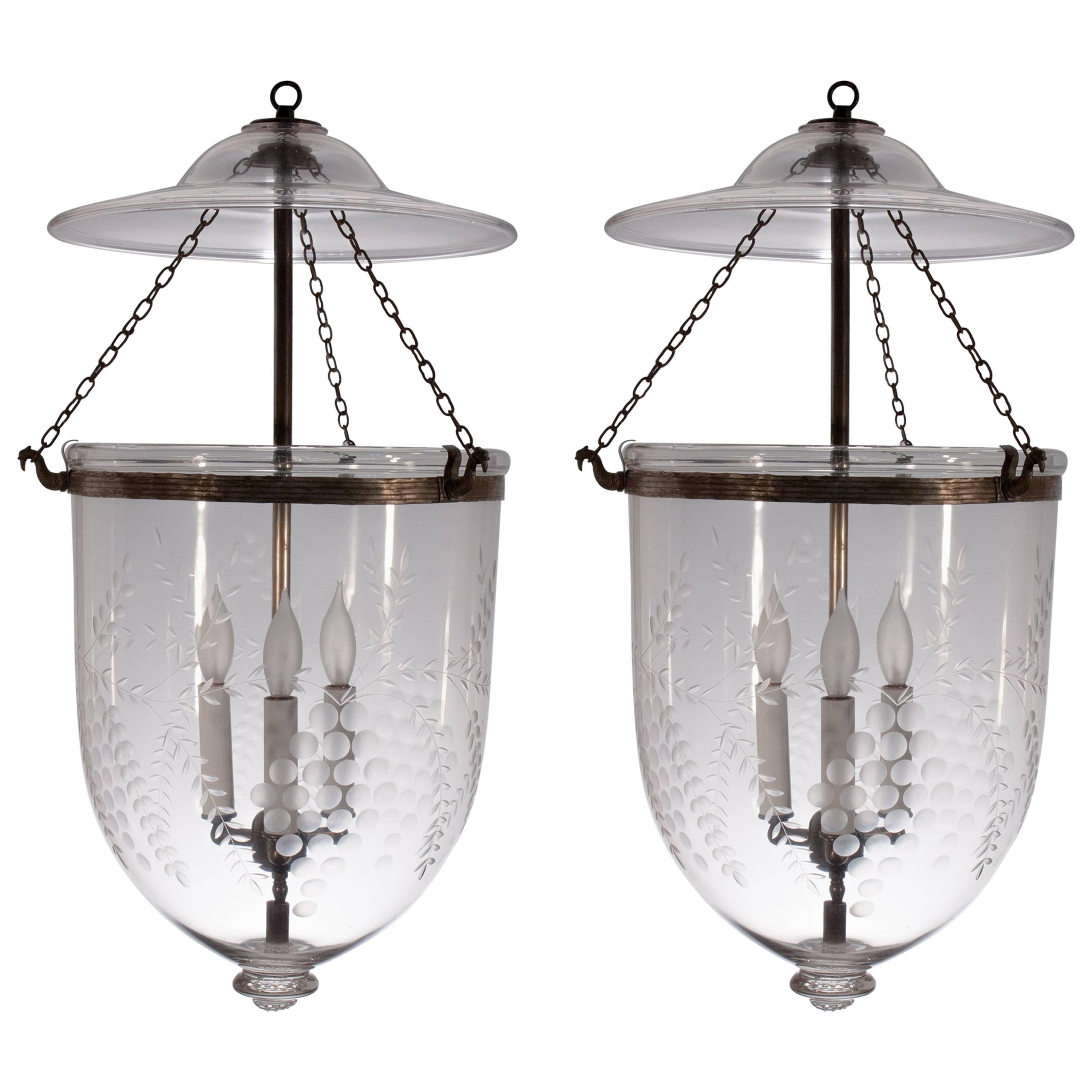Pair of Large English Bell Jar Lanterns with Grape Etching
