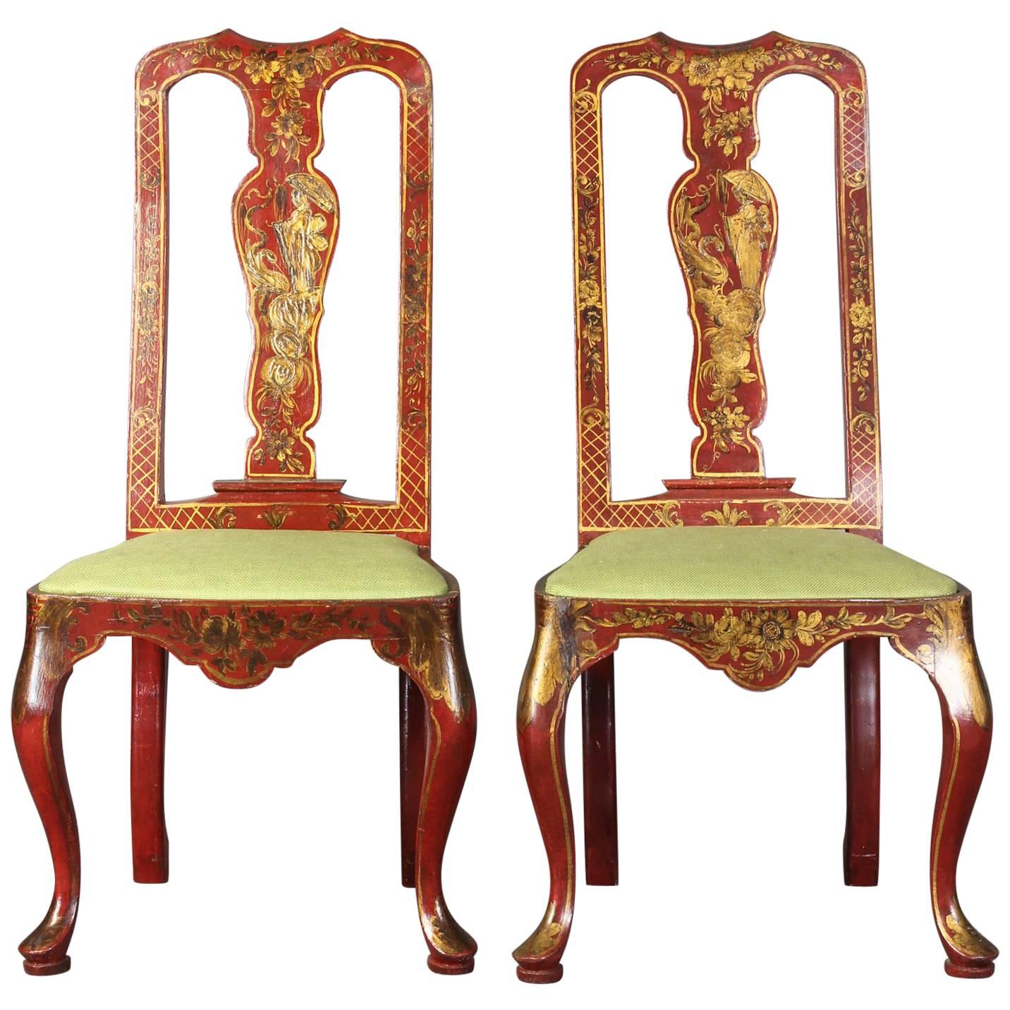Pair of Queen Anne Style Chinoiserie Side Chairs For Sale