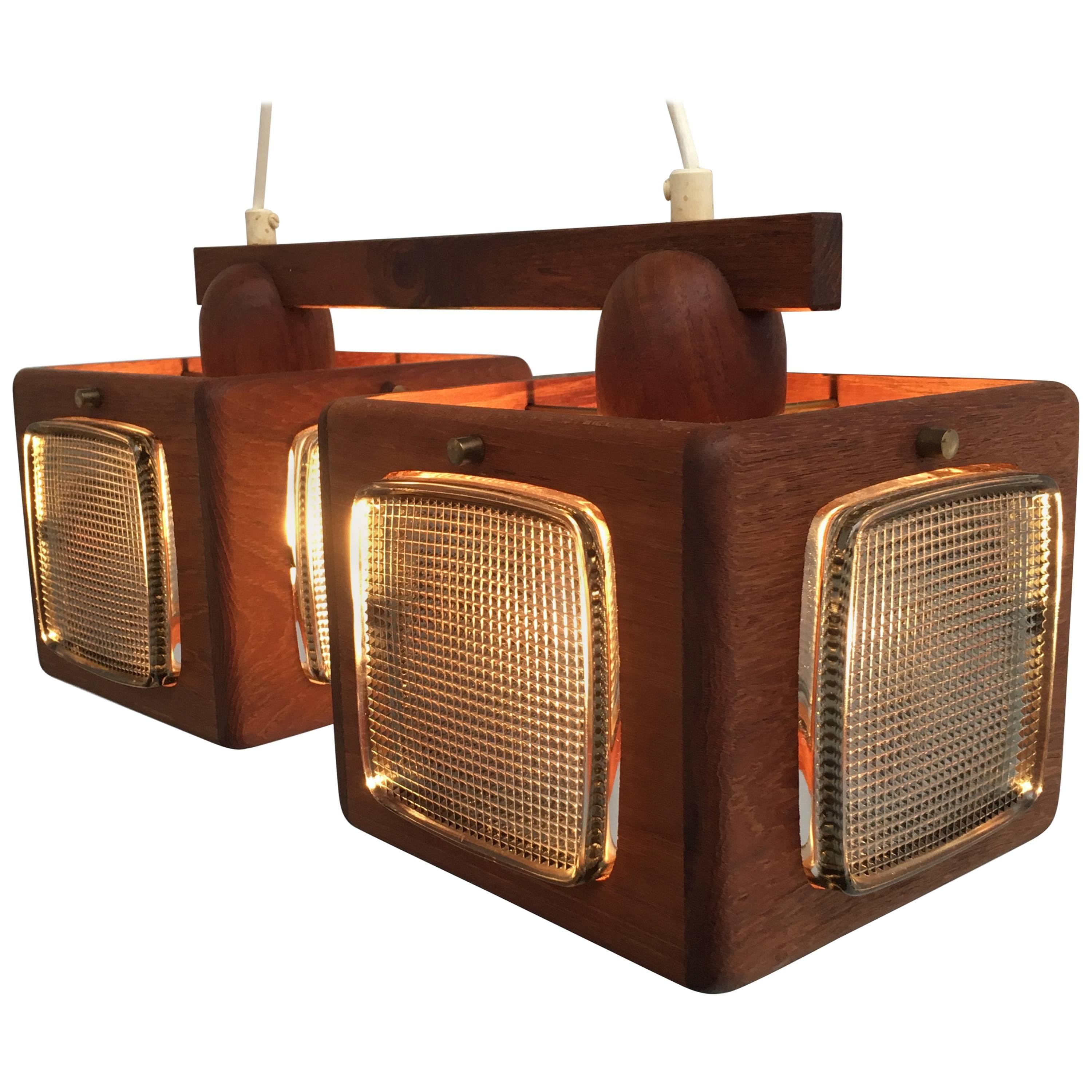 Cubic Vitrika Pendant Teak, Brass and Orrefors Glass, 1960s For Sale