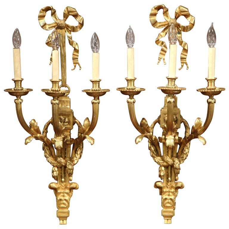 Large Pair of French Louis XVI Gilt Bronze Three-Light Wall Sconces For Sale at 1stdibs