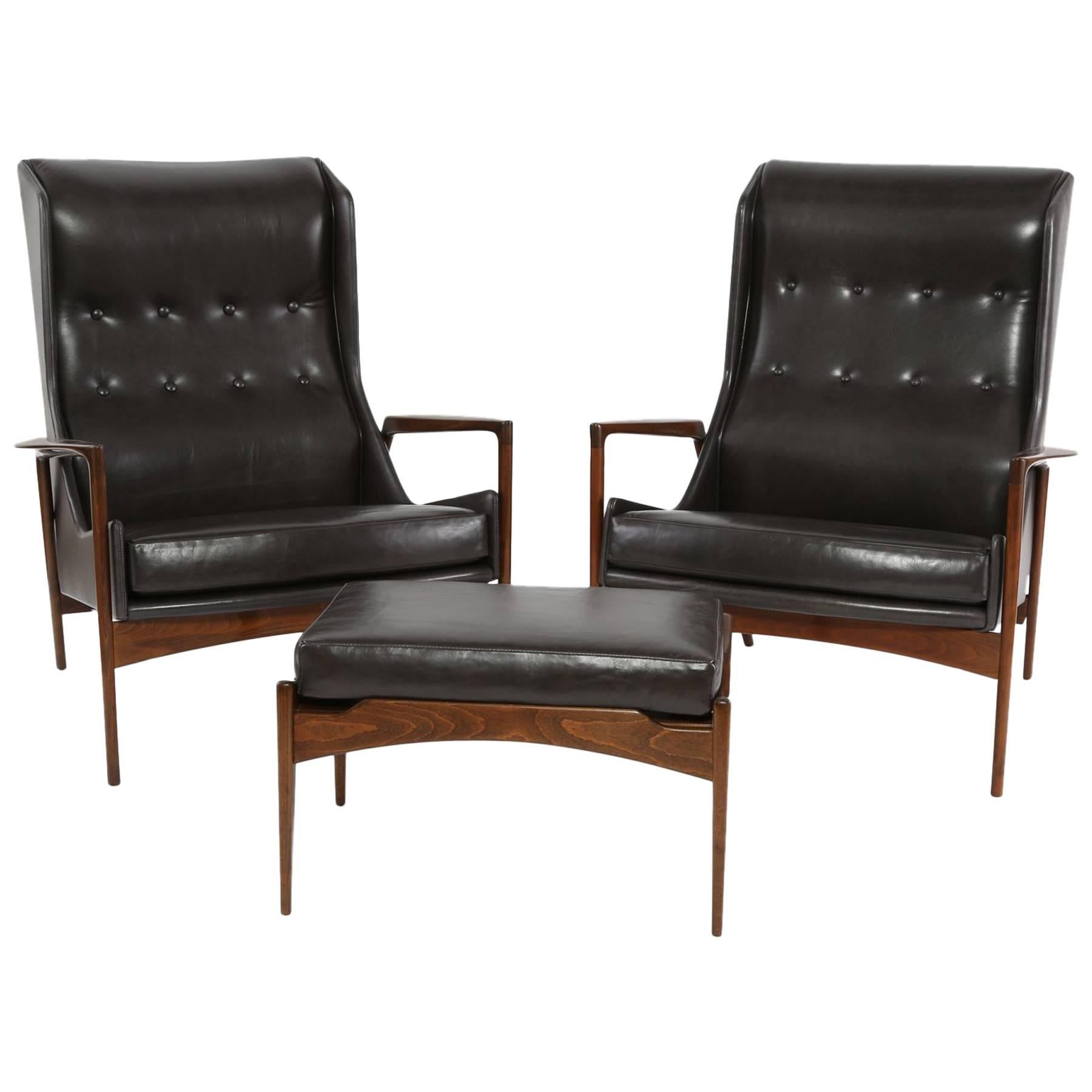 Ib Kofod Larsen Leather and Teak Lounge Chairs and Ottoman