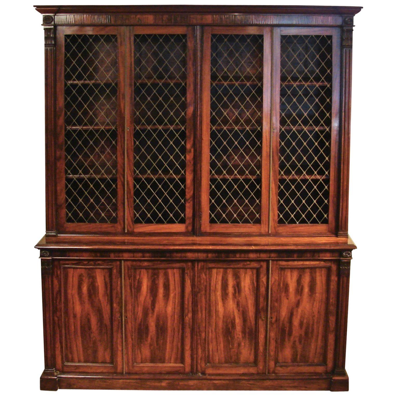 Regency Bookcase with Brass Grill Doors over Cabinets with Panelled Doors