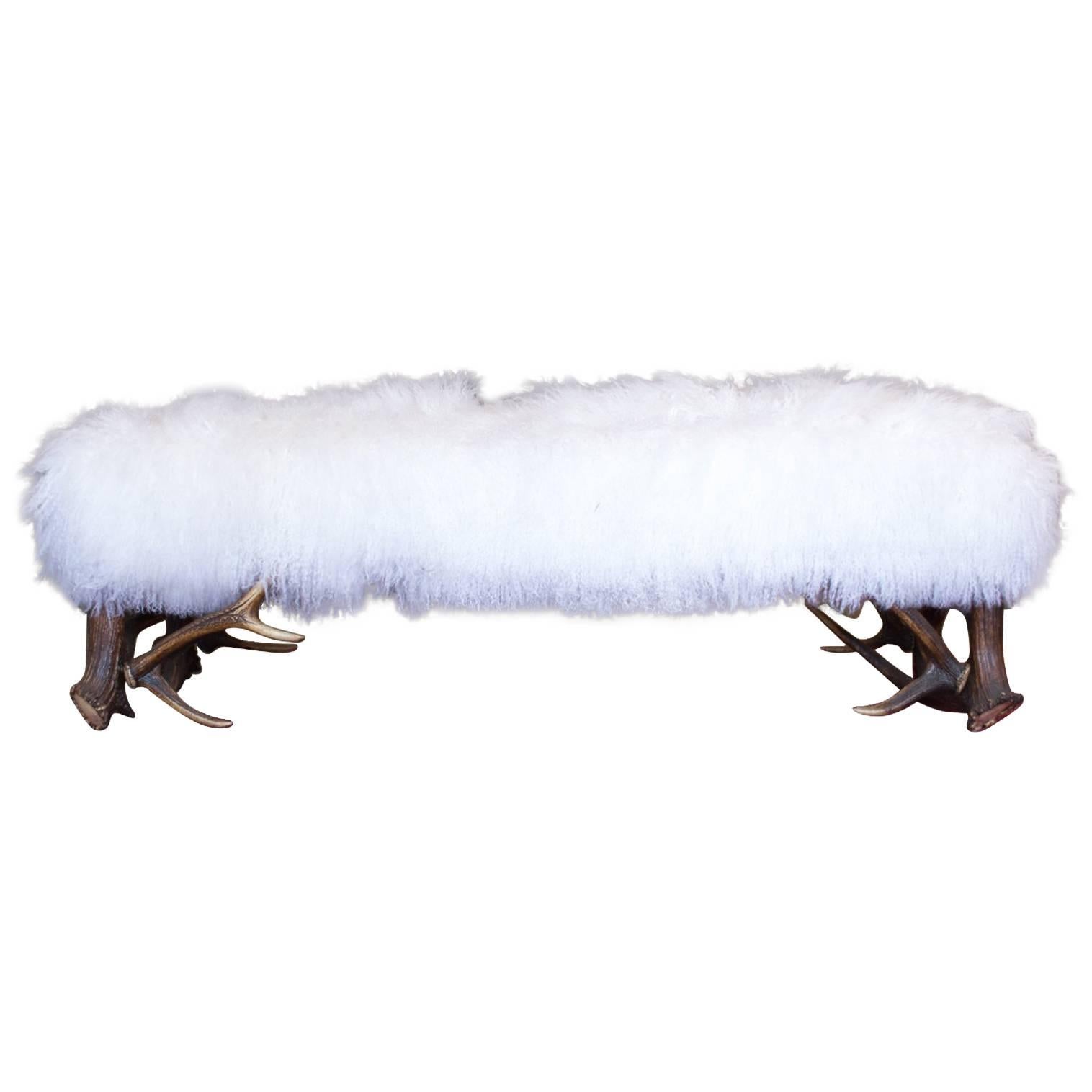 Habsburg Red Stag Antler Bench with White Tibetan Lamb Fur Seat
