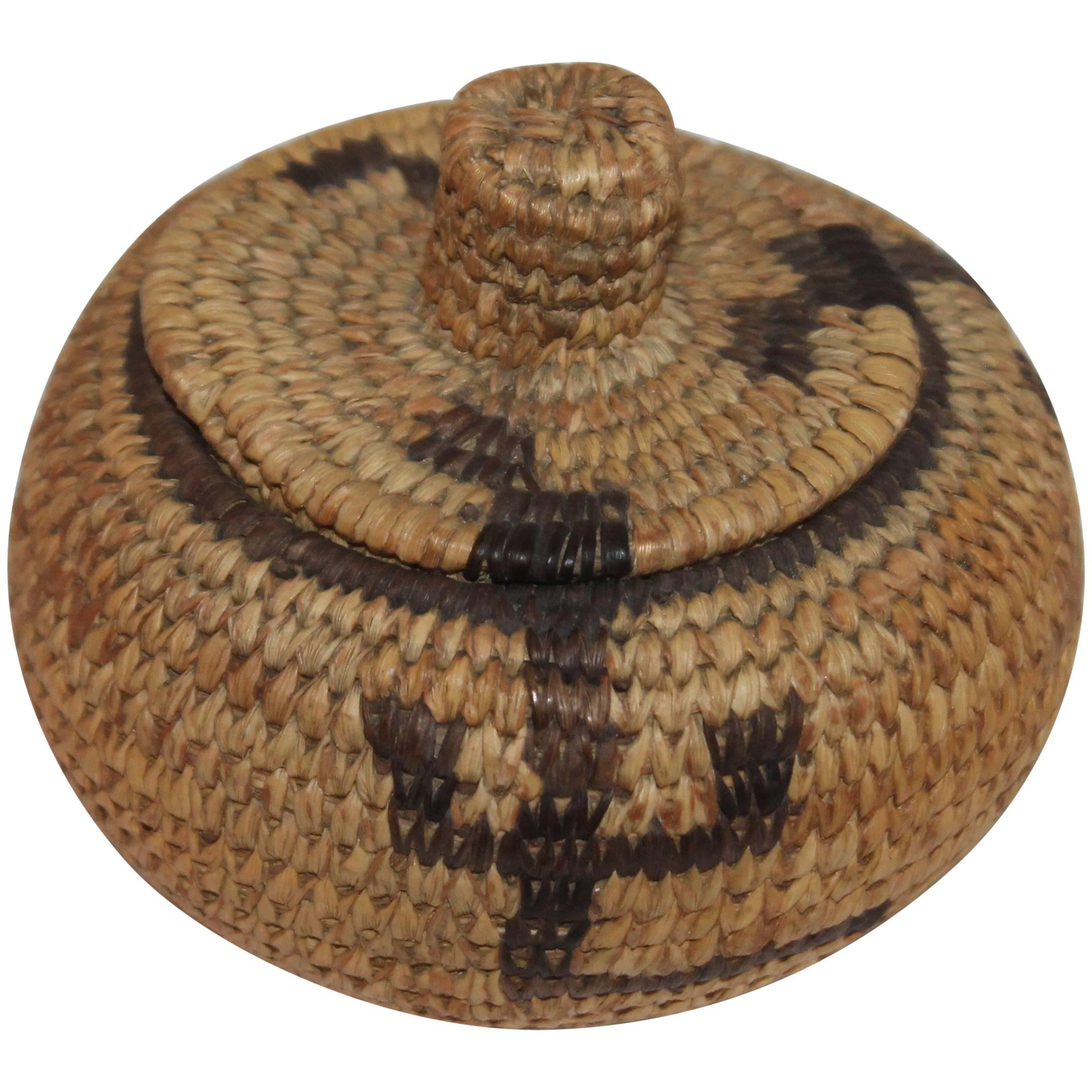 Pima Indian Miniature Hand-Woven Lided Basket