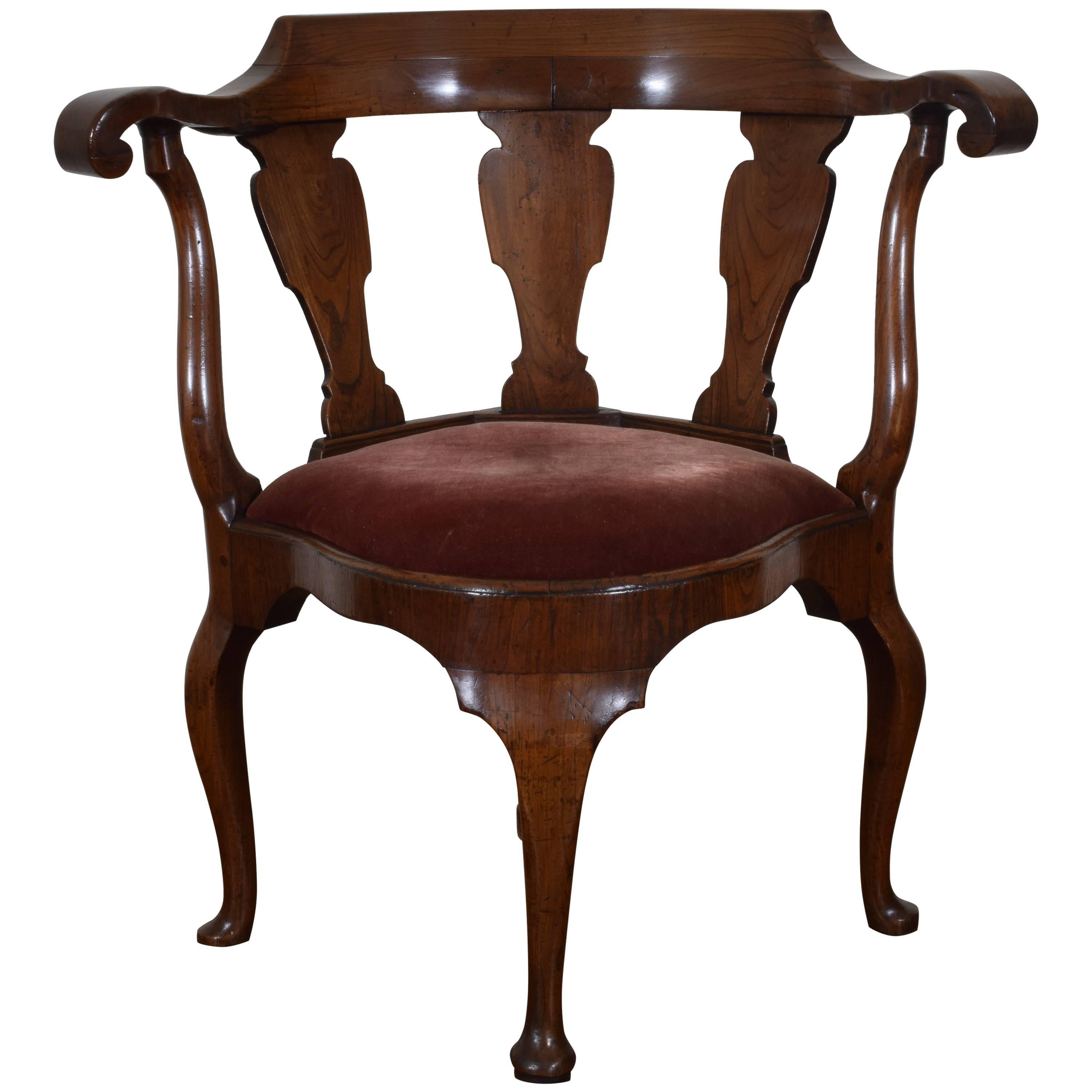 Dutch Yew Wood Corner Chair from the Queen Anne Period, 18th Century