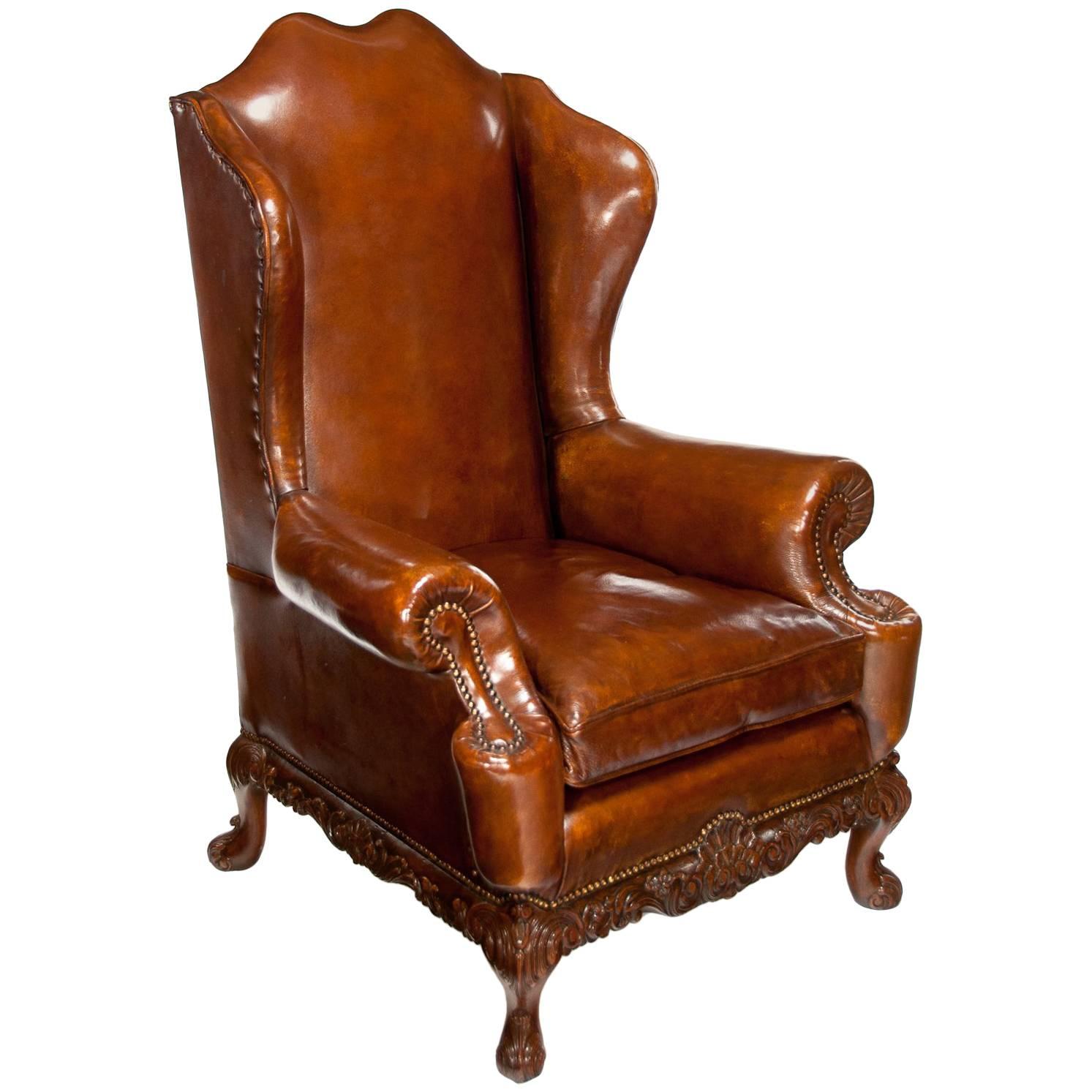 Quality Walnut Leather Upholstered Wing Chair