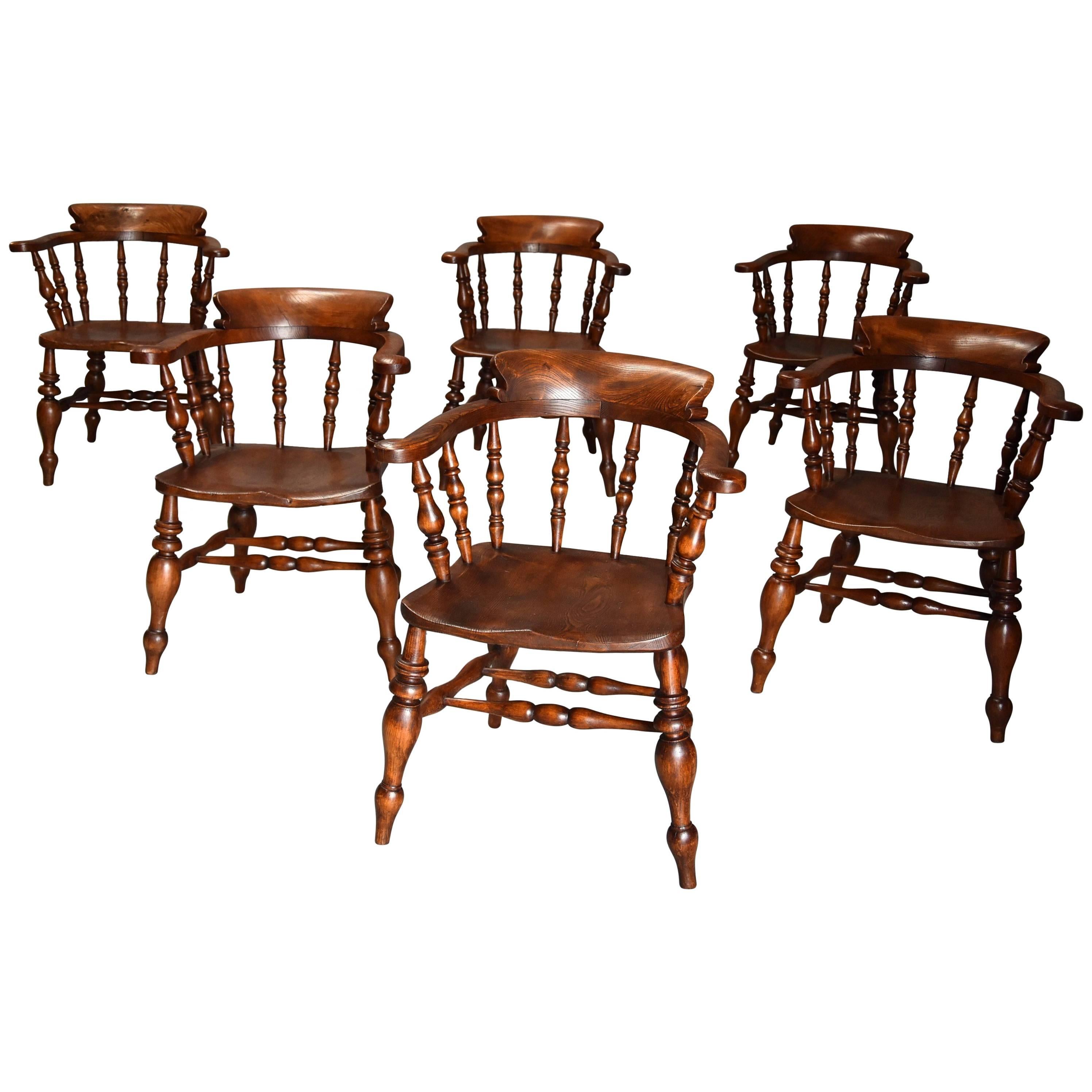 Set of Six Mid-19th Century Nicely Figured Elm Smokers Bow Windsor Chairs