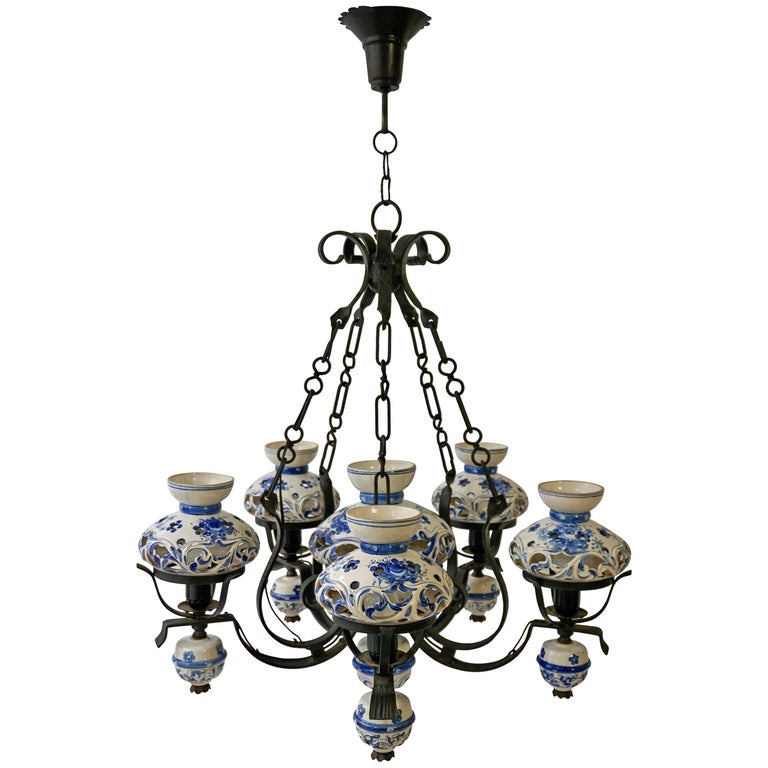 Unique and Beautiful Antique Delft Blue Oil Lamp Chandelier For Sale at
