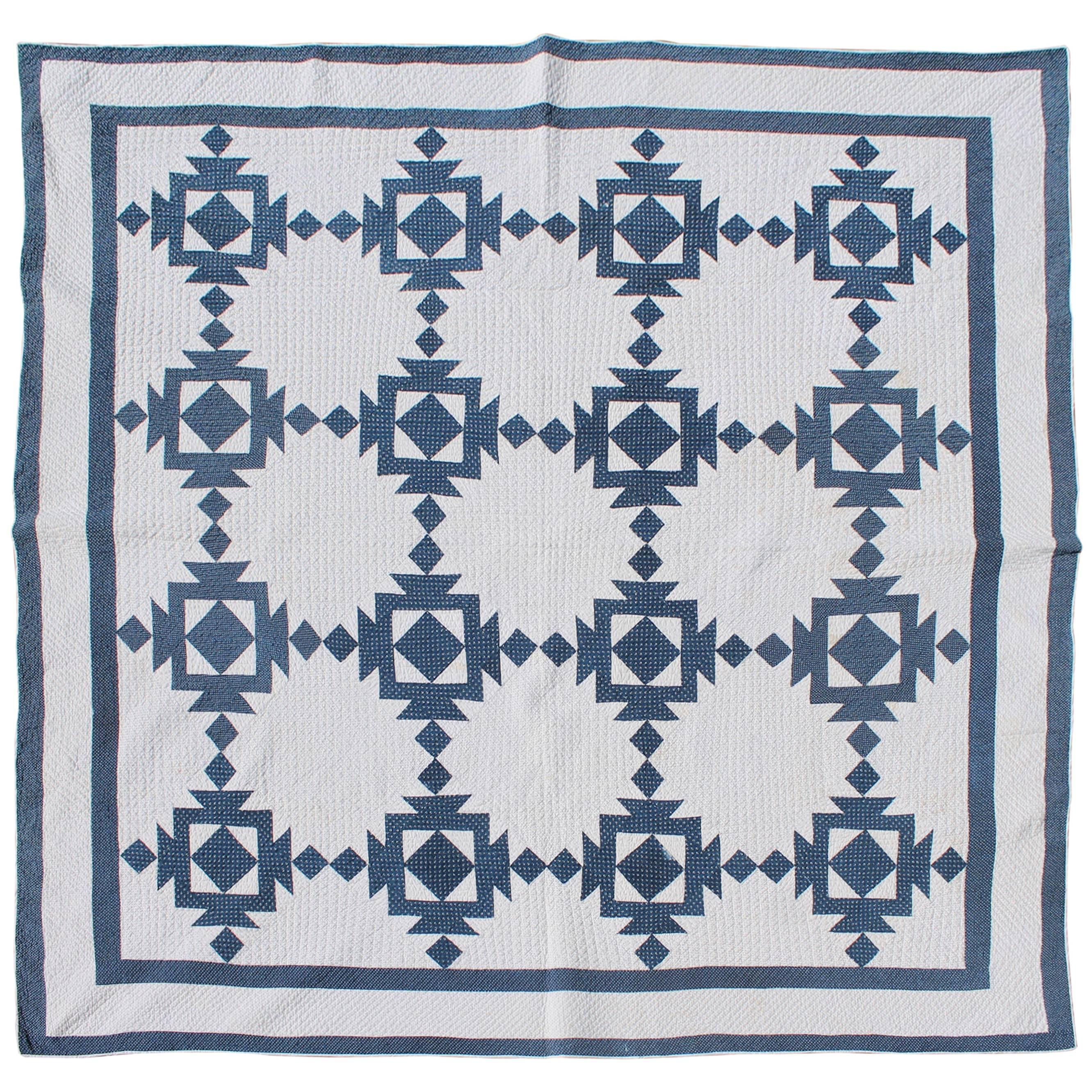 Quilt, 19th Century Blue and White Geometric