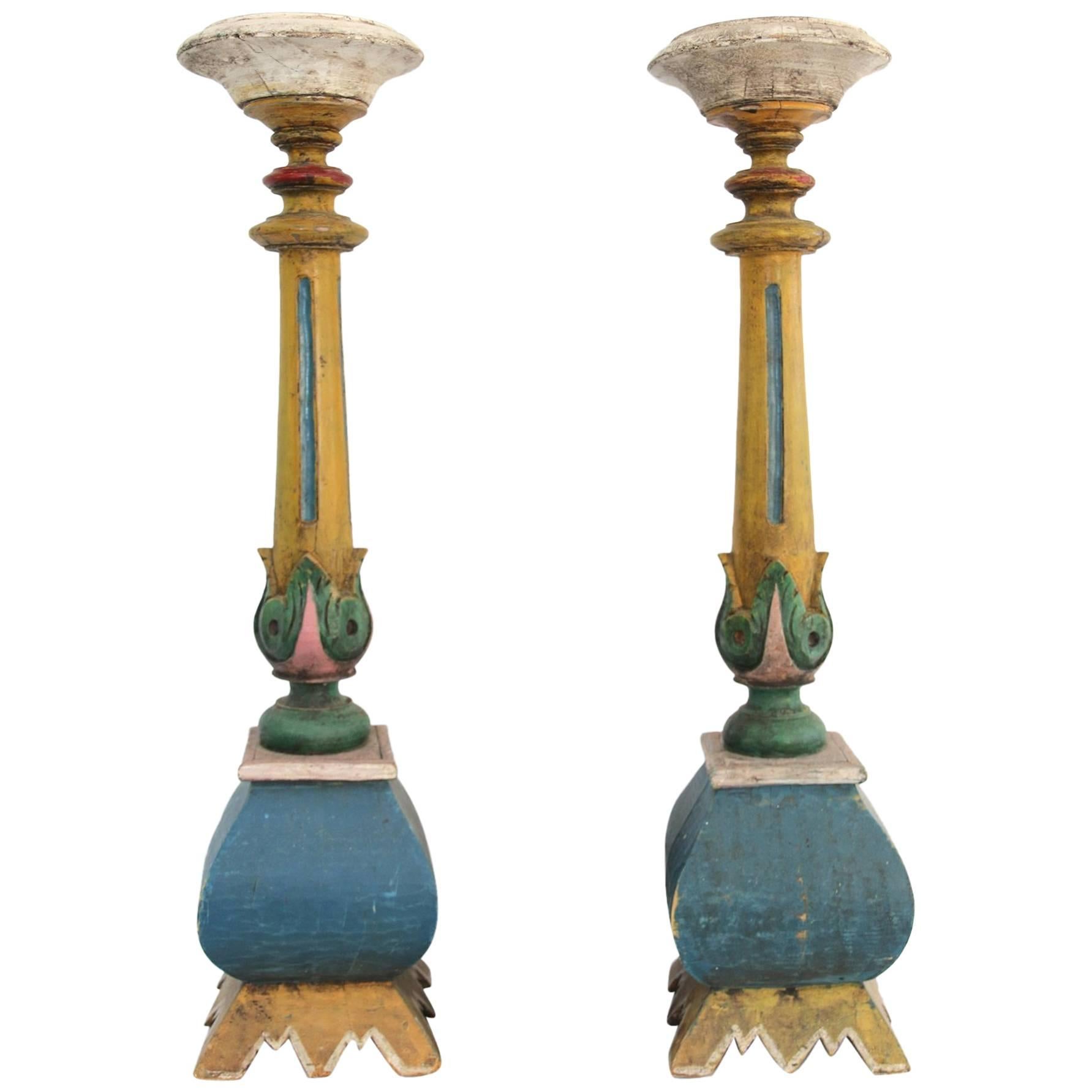 Pair of 19th Century American Polychrome Paint Decorated Candle Pillars For Sale