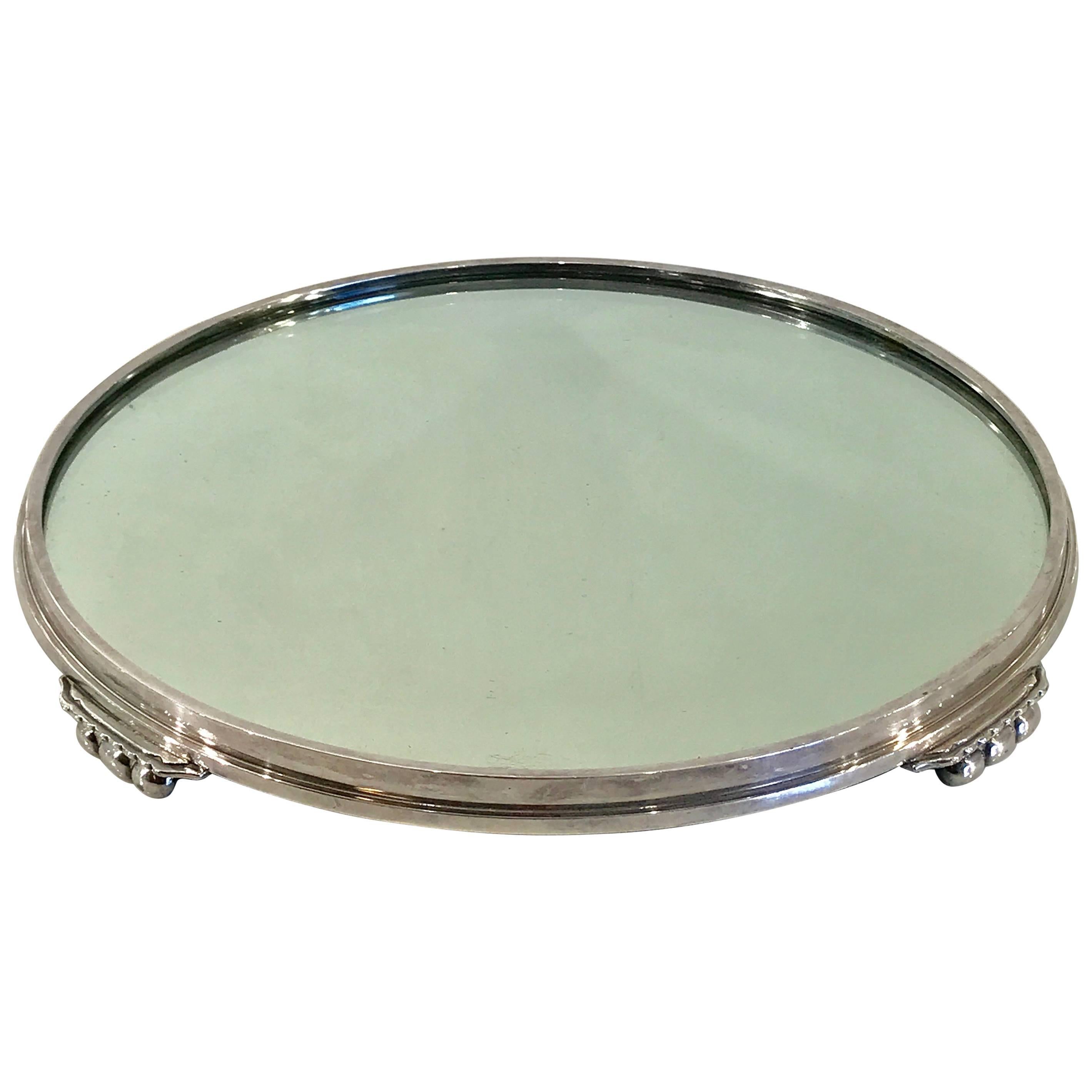 Silver Plated Art Deco Round Mirrored Plateau, by International Silver Co