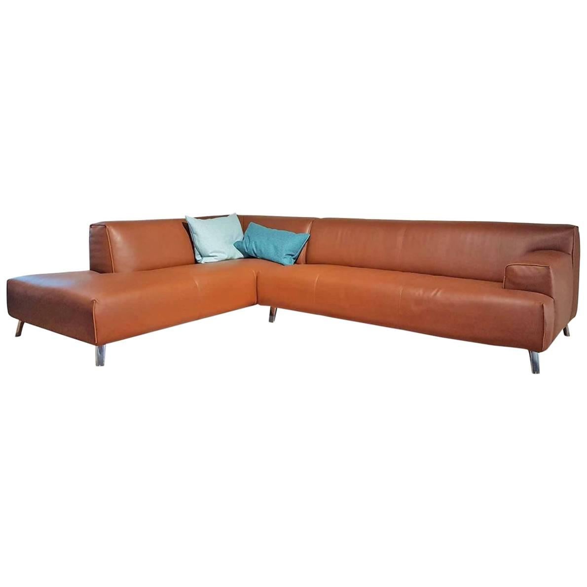 Sofa "Oscar" by Manufacturer Leolux in 100% Genuine Leather and Aluminum For Sale