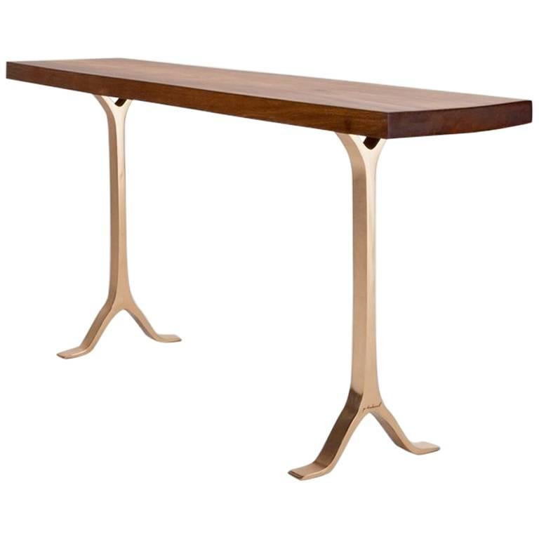 French-Polished Console in Antique Hardwood with Bronze Base by P. Tendercool For Sale