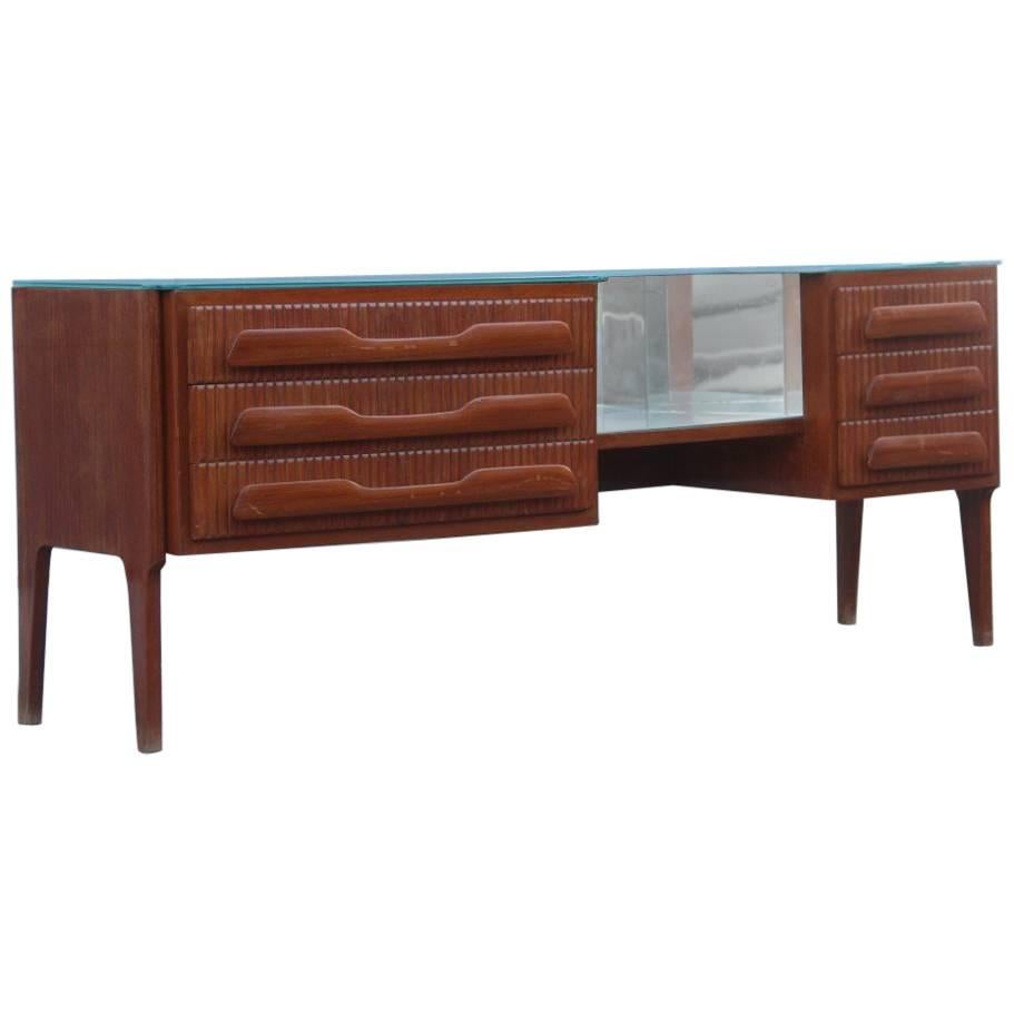 Chest of Drawers, 1950, mahogany , glass top gray Mid century modern Italian  For Sale