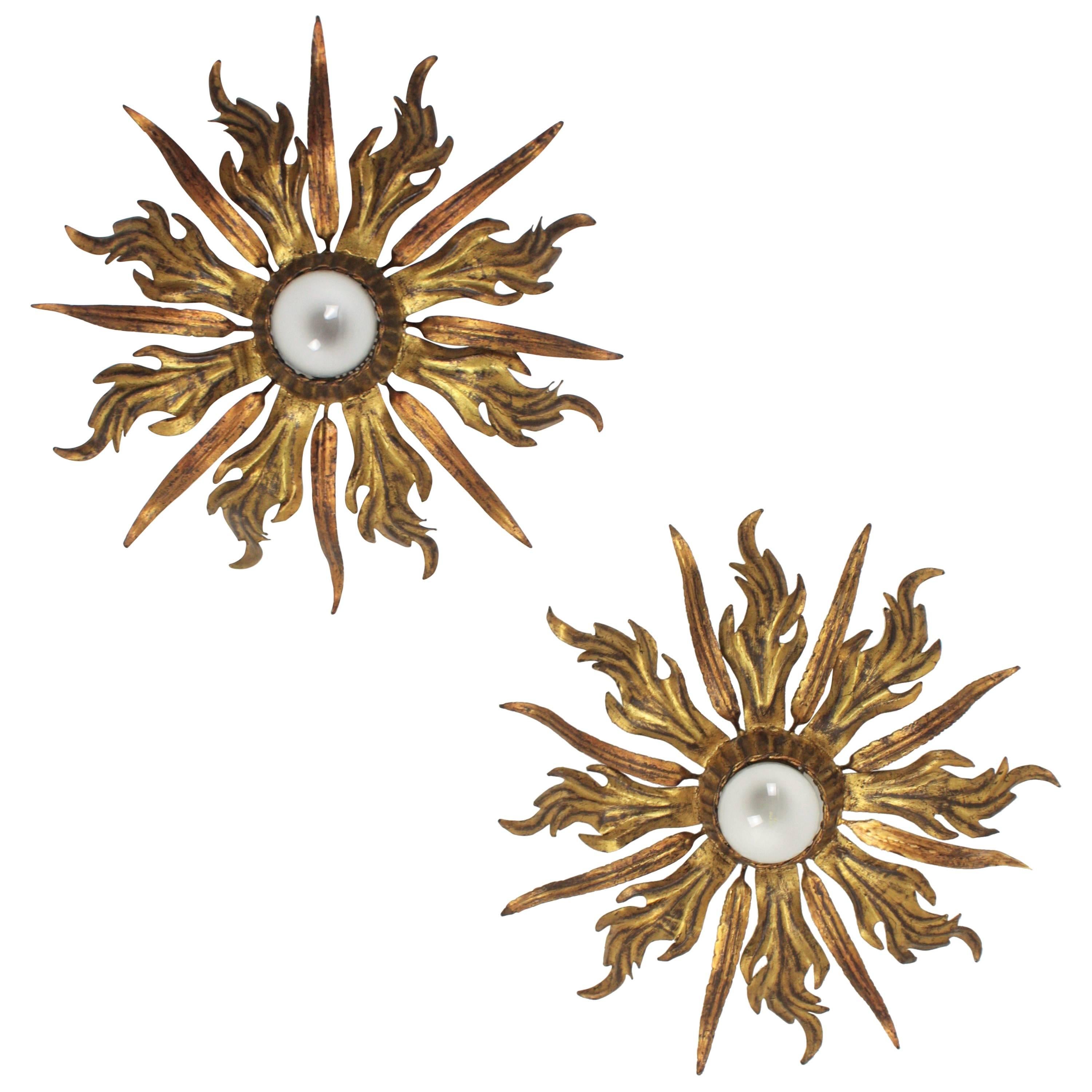 French 1930s Pair of Leafed Copper & Gilt Iron Sunburst Ceiling or Wall Sconces