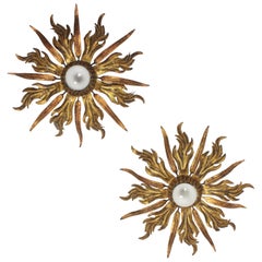 French 1930s Pair of Leafed Copper & Gilt Iron Sunburst Ceiling or Wall Sconces