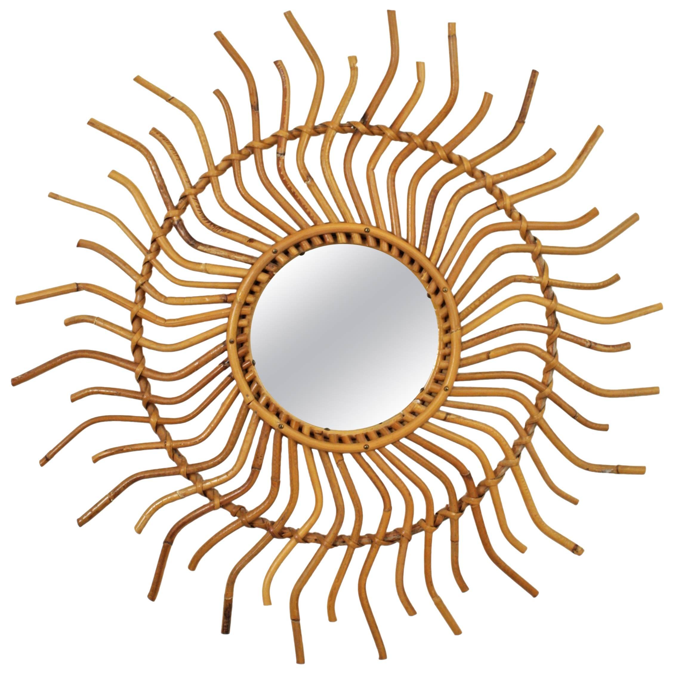 1960s Spanish Bamboo Rattan Sunburst Pinwheel Mirror with Curly Beams