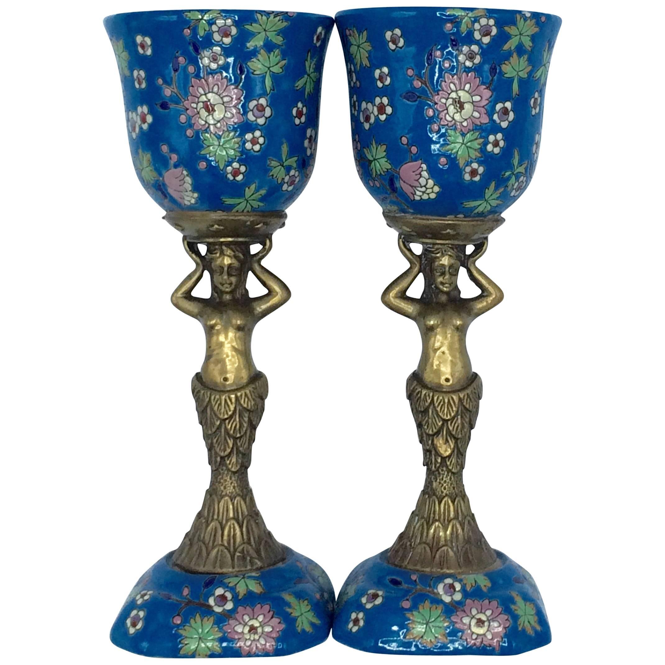 French Émaux De Longwy Midcentury Mermaid Chalices For Sale