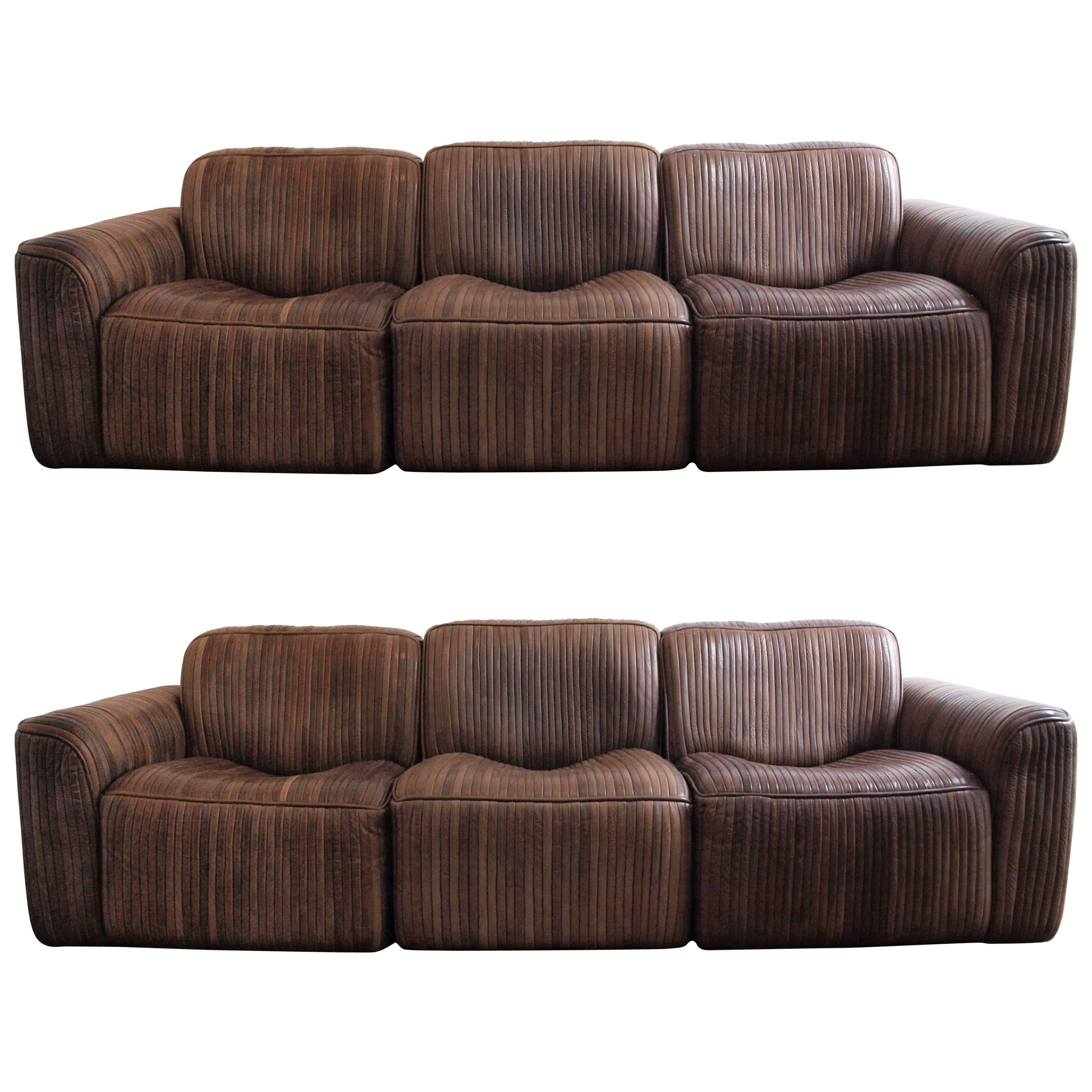 Pair of Leather Strip Three-Seat Sofas Attributed to De Sede