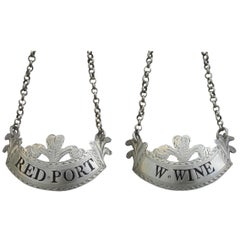 Pair George III Silver Prince of Wales Feathers Wine Labels W*Wine & Red Port