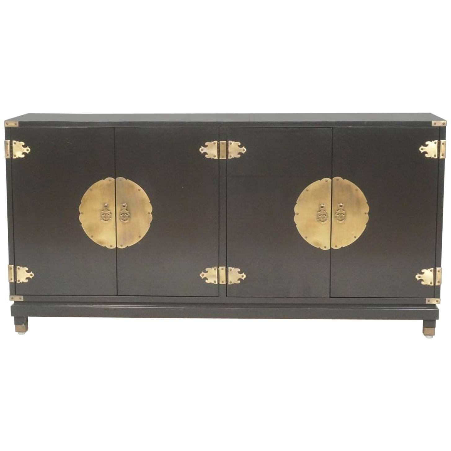 Ebonized Chinoiserie Four-Door Credenza with Brass Hardware