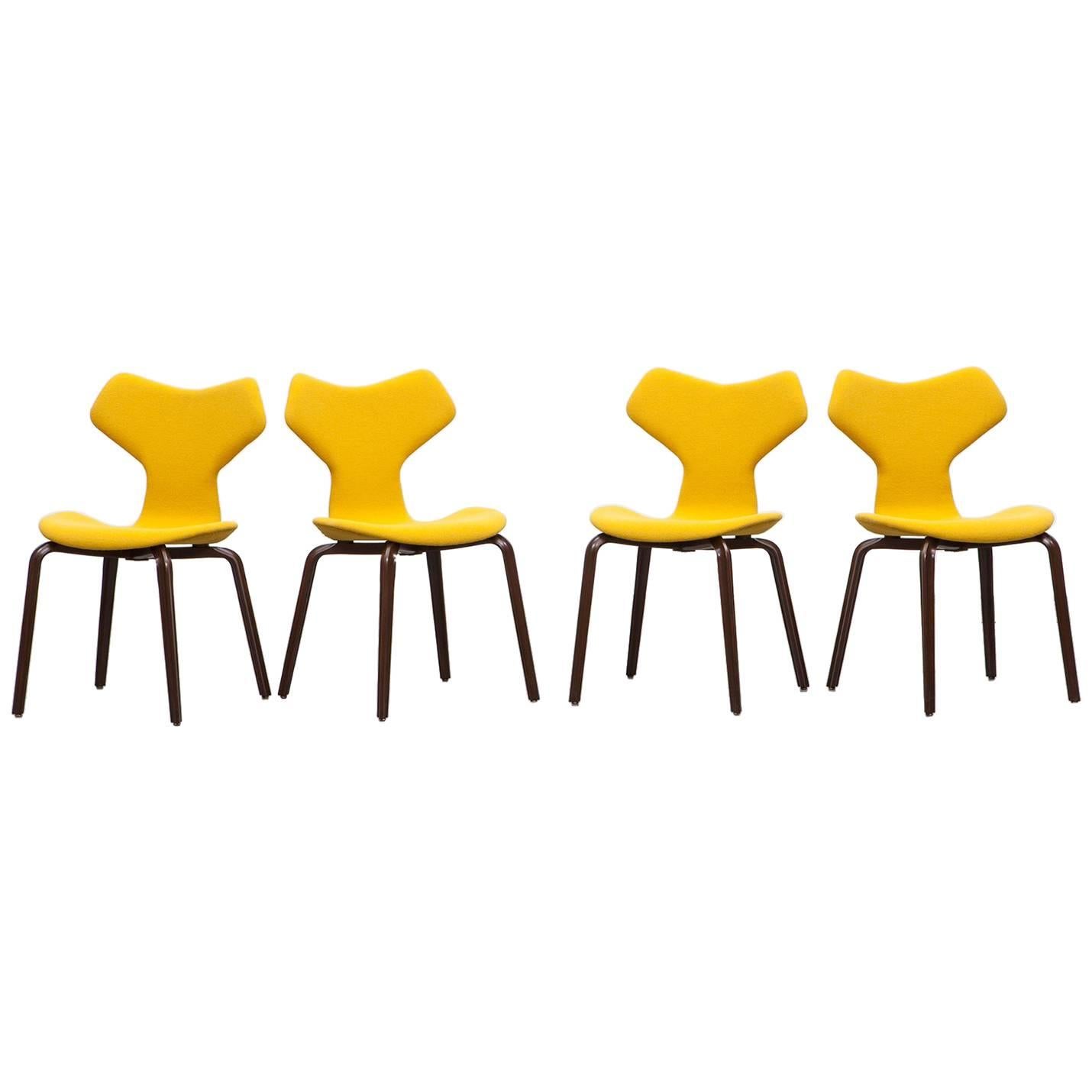 1950s Yellow Upholstery, set of four Plywood Chairs by Arne Jacobsen For Sale
