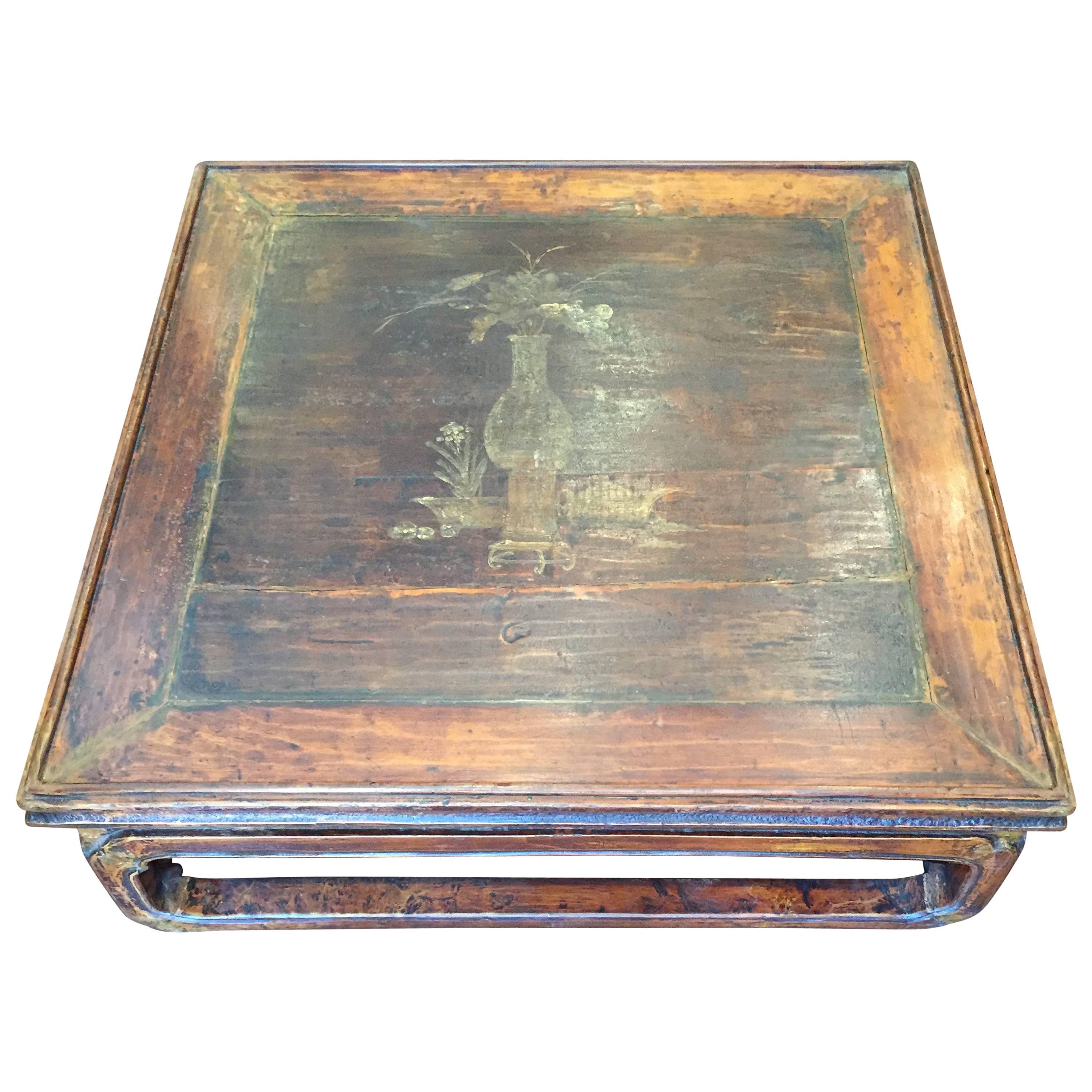 19th Century Q’ing Dynasty Elm Kang Table with Golden Painting For Sale