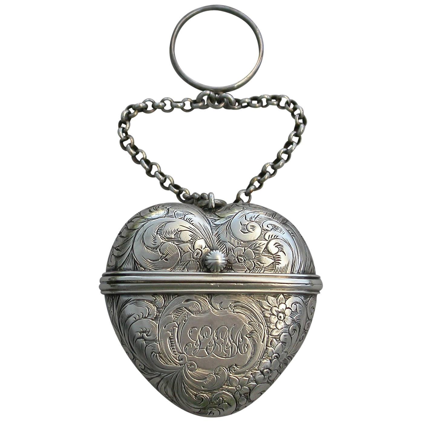 Victorian Antique Silver Heart Shaped Vinaigrette, Rawlings & Summers, 1852