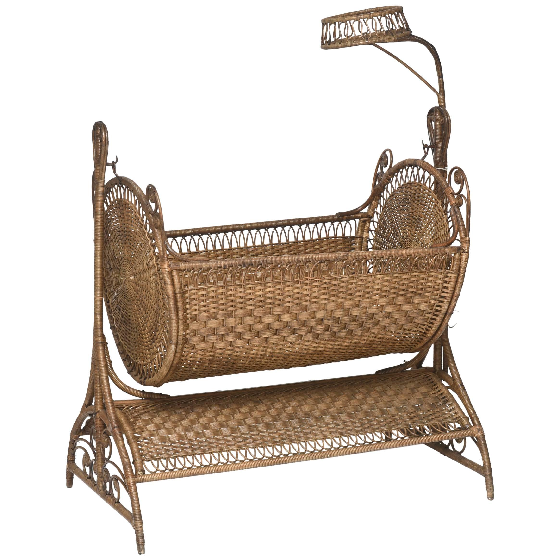 19th Century Victorian Wicker Swinging Baby Cradle