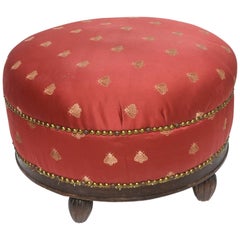 Antique Studded Red Footstool Stool with Wooden Feet