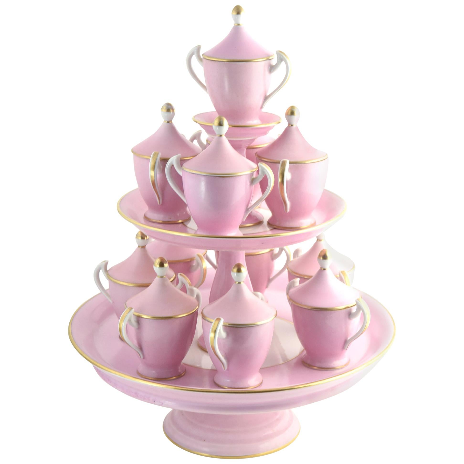Antique Old Paris Pink and White Pots de Crème Set Cups with Tiered Stand
