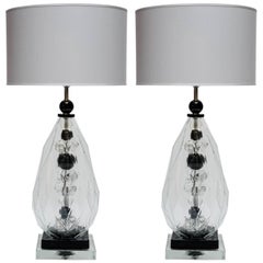 Pair of Transparent and Black Murano Glass Table Lamps